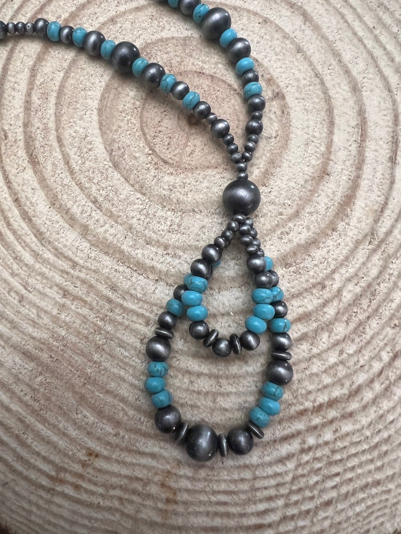 Western Faux Sterling Pearl Teardrop Pendant Necklace with Faux Turquoise — 21 Inch with Extender - Rooted & Reckless Co.