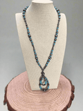 Western Faux Sterling Pearl Teardrop Pendant Necklace with Faux Turquoise — 21 Inch with Extender - Rooted & Reckless Co.