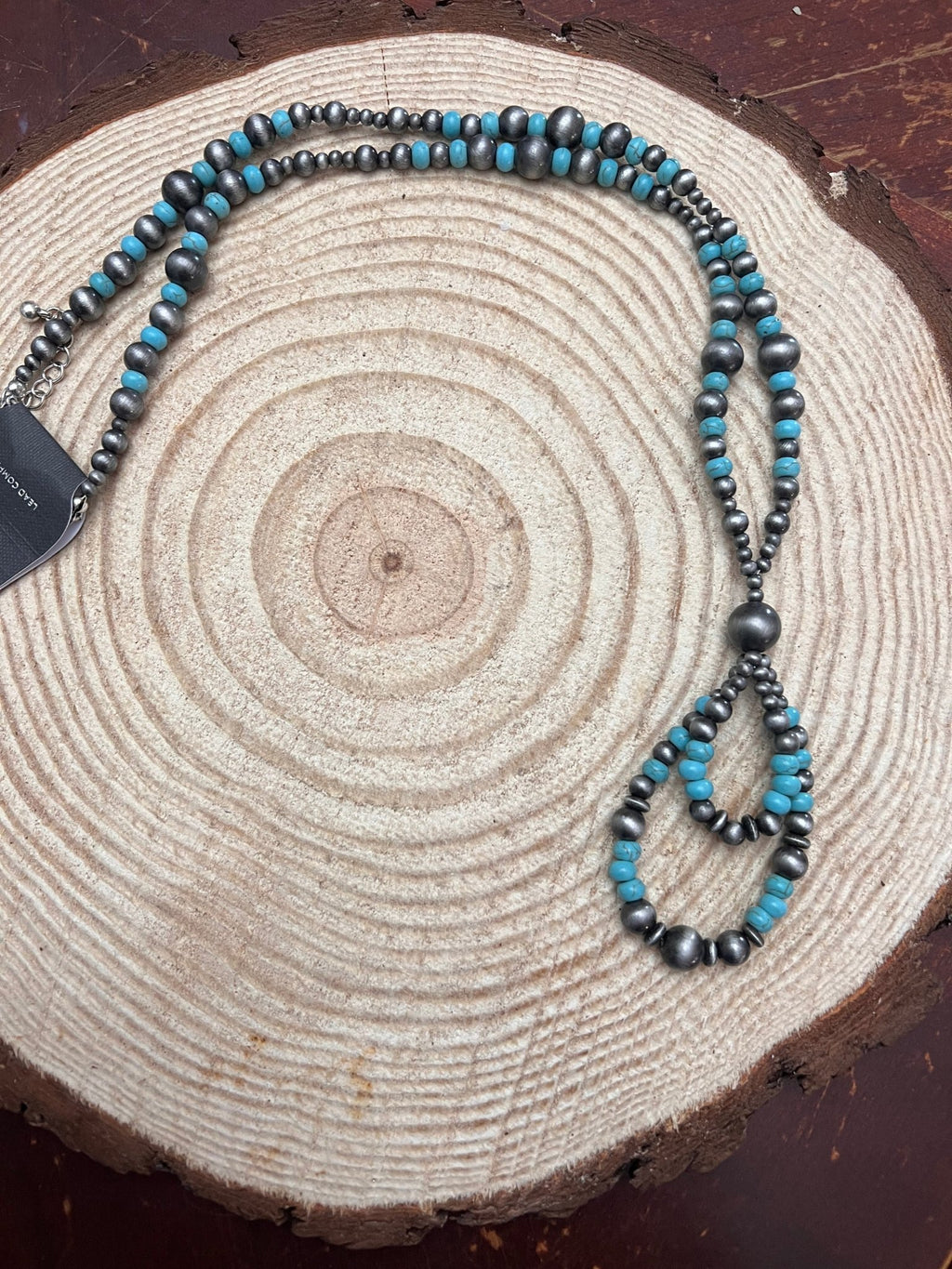 Western Faux Sterling Pearl Teardrop Pendant Necklace with Faux Turquoise — 21 Inch with Extender - Rooted & Reckless Co.