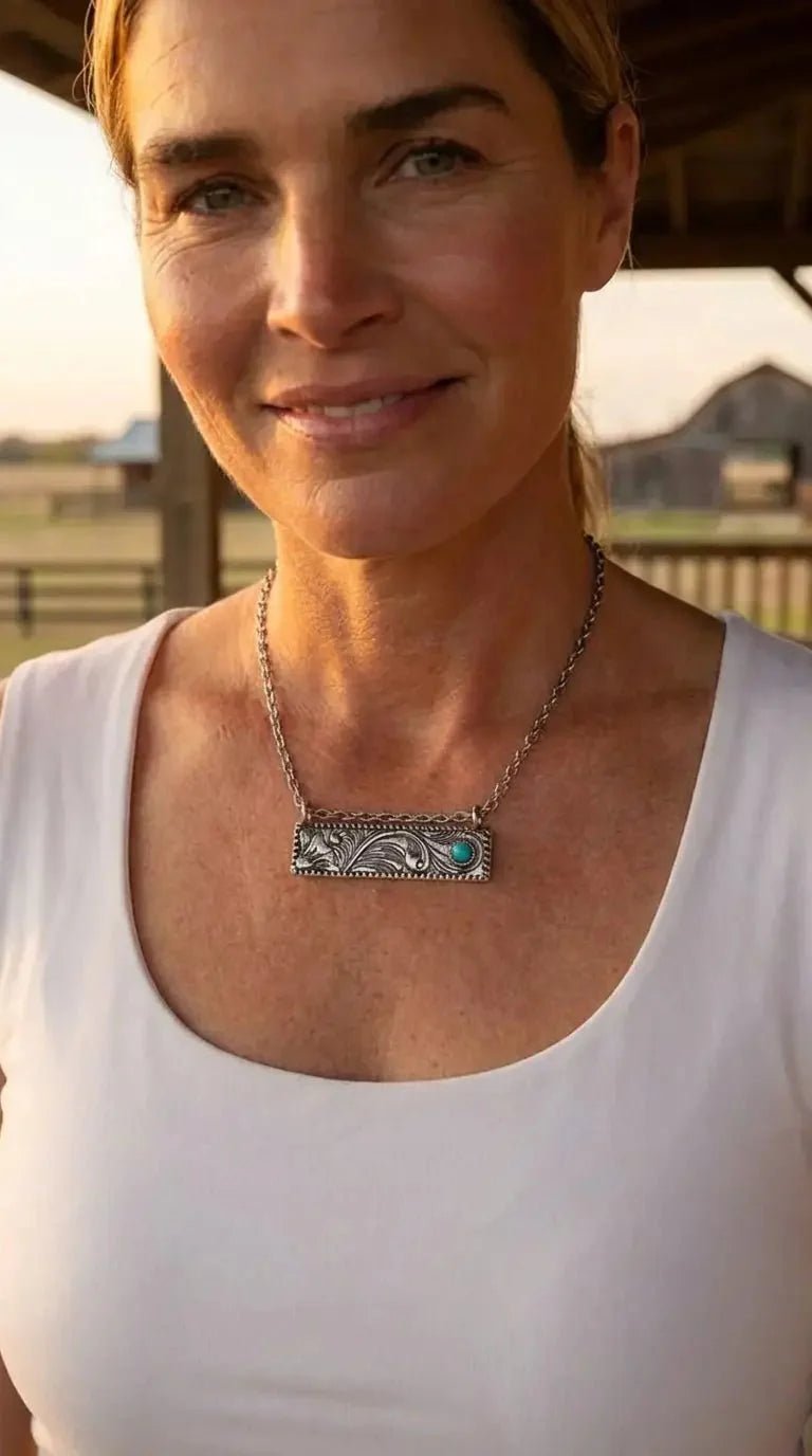 Western Faux Tooled Bar Necklace with Faux Turquoise — 18 Inch with Extender - Rooted & Reckless Co.