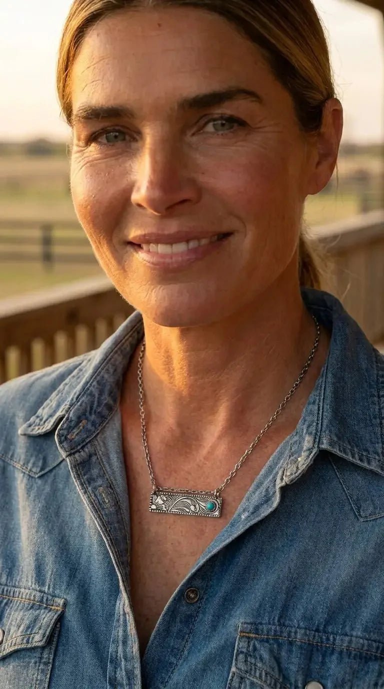 Western Faux Tooled Bar Necklace with Faux Turquoise — 18 Inch with Extender - Rooted & Reckless Co.