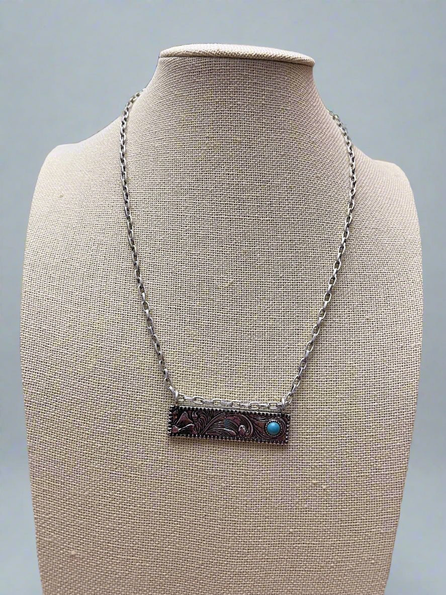 Western Faux Tooled Bar Necklace with Faux Turquoise — 18 Inch with Extender - Rooted & Reckless Co.