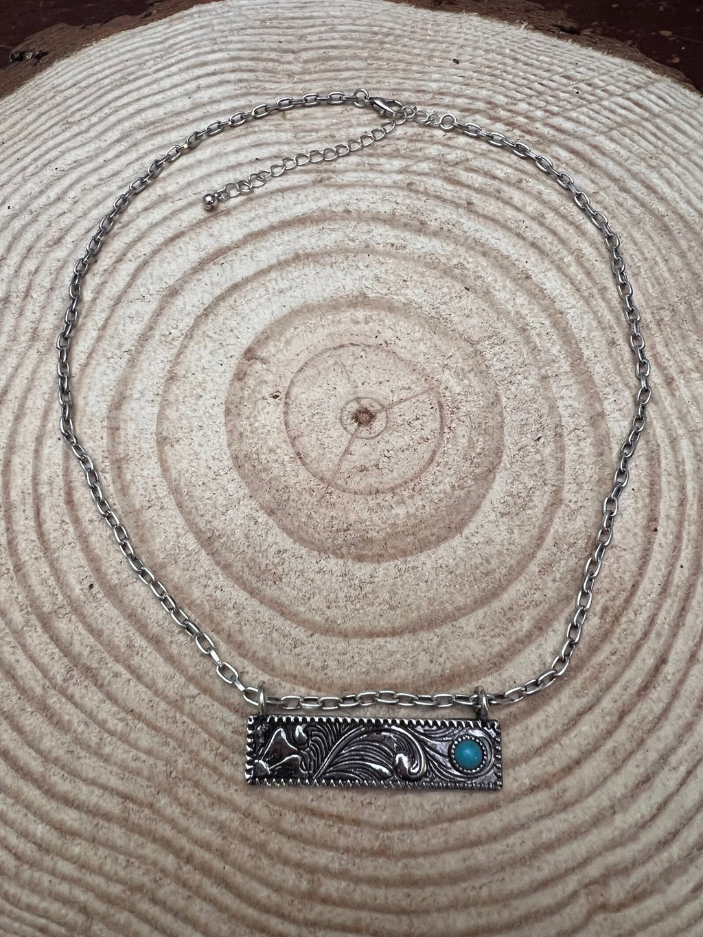 Western Faux Tooled Bar Necklace with Faux Turquoise — 18 Inch with Extender - Rooted & Reckless Co.