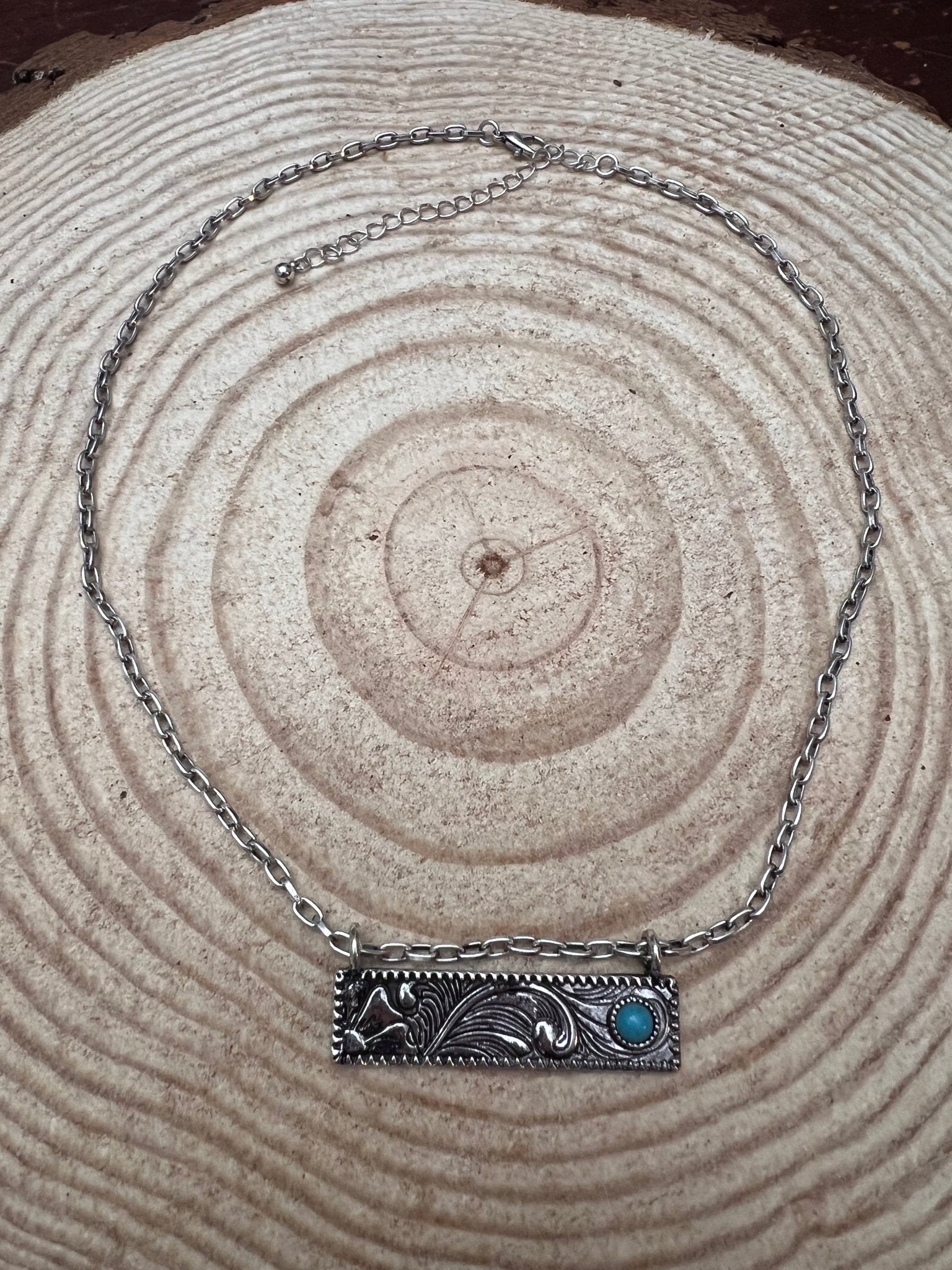 Western Faux Tooled Bar Necklace with Faux Turquoise — 18 Inch with Extender - Rooted & Reckless Co.