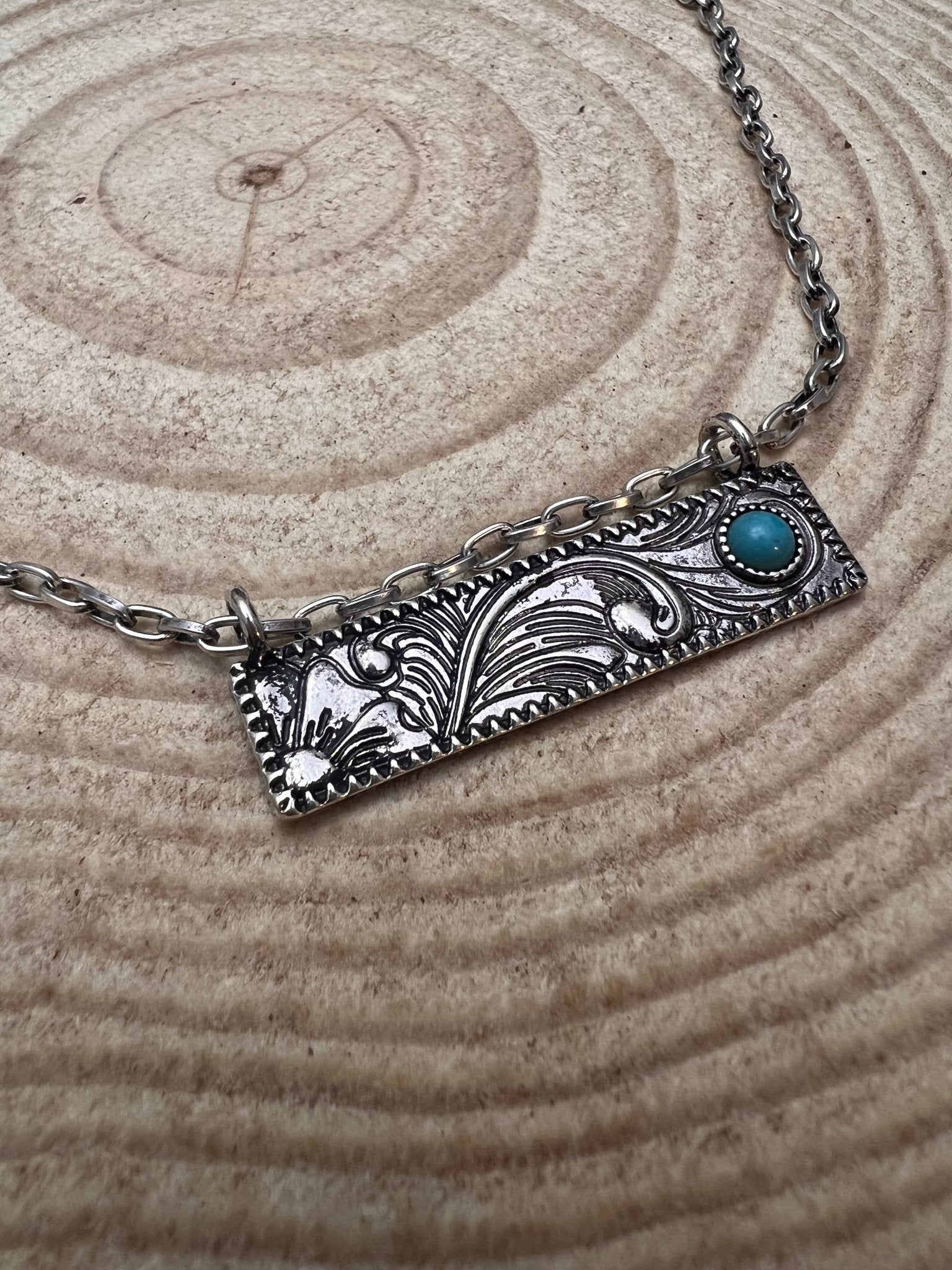Western Faux Tooled Bar Necklace with Faux Turquoise — 18 Inch with Extender - Rooted & Reckless Co.