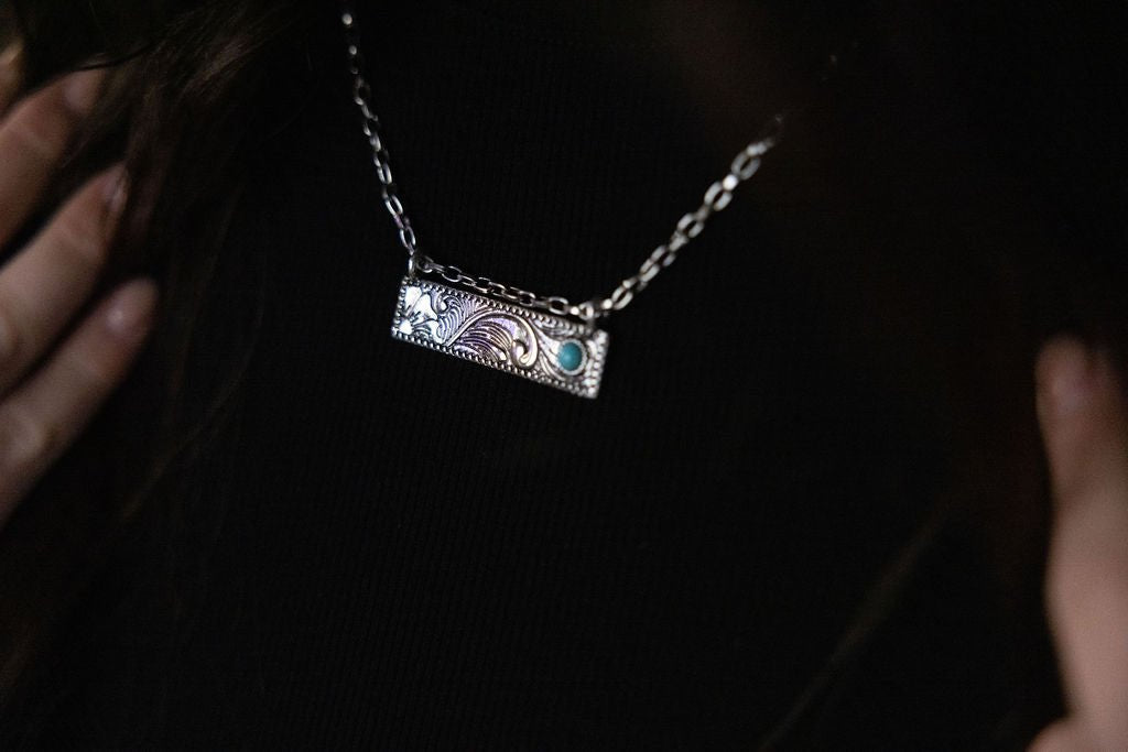 Western Faux Tooled Bar Necklace with Faux Turquoise — 18 Inch with Extender - Rooted & Reckless Co.