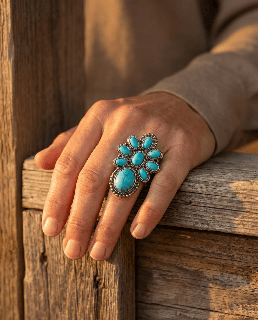 Western Faux Turquoise Cluster Adjustable Cuff Ring — Statement Size - Rooted & Reckless Co.
