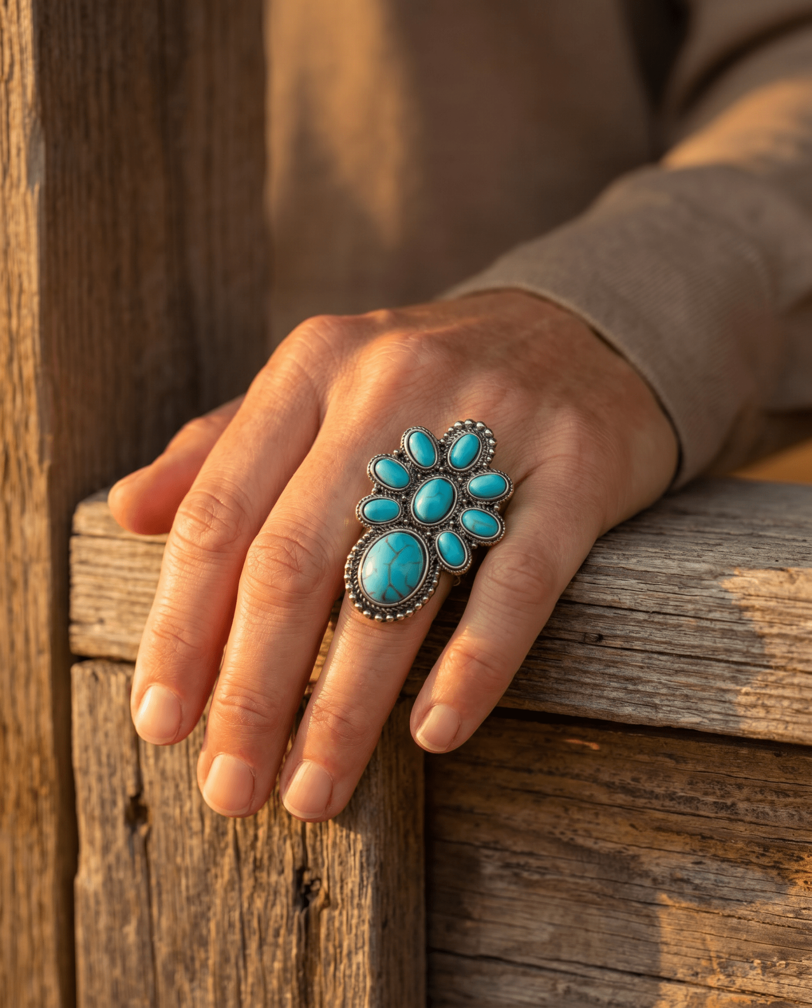 Western Faux Turquoise Cluster Adjustable Cuff Ring — Statement Size - Rooted & Reckless Co.