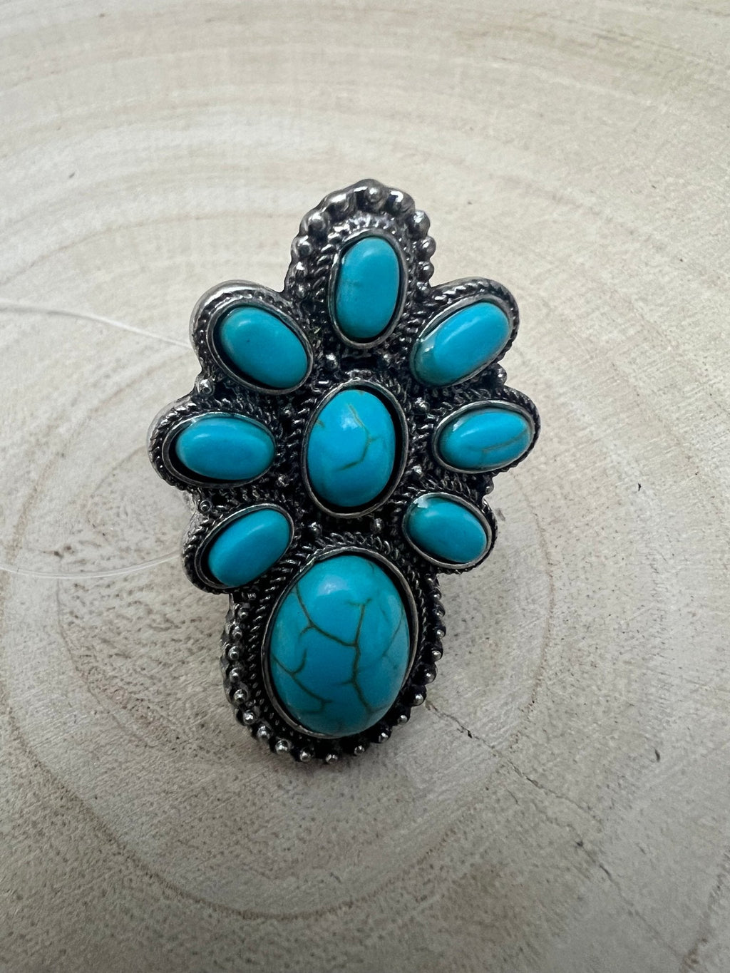 Western Faux Turquoise Cluster Adjustable Cuff Ring — Statement Size - Rooted & Reckless Co.