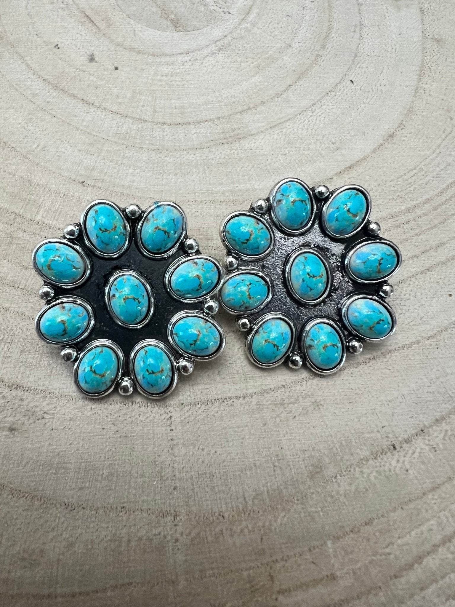 Western Faux Turquoise Cluster Earrings — Oxidized Silver 1" Statement - Rooted & Reckless Co.