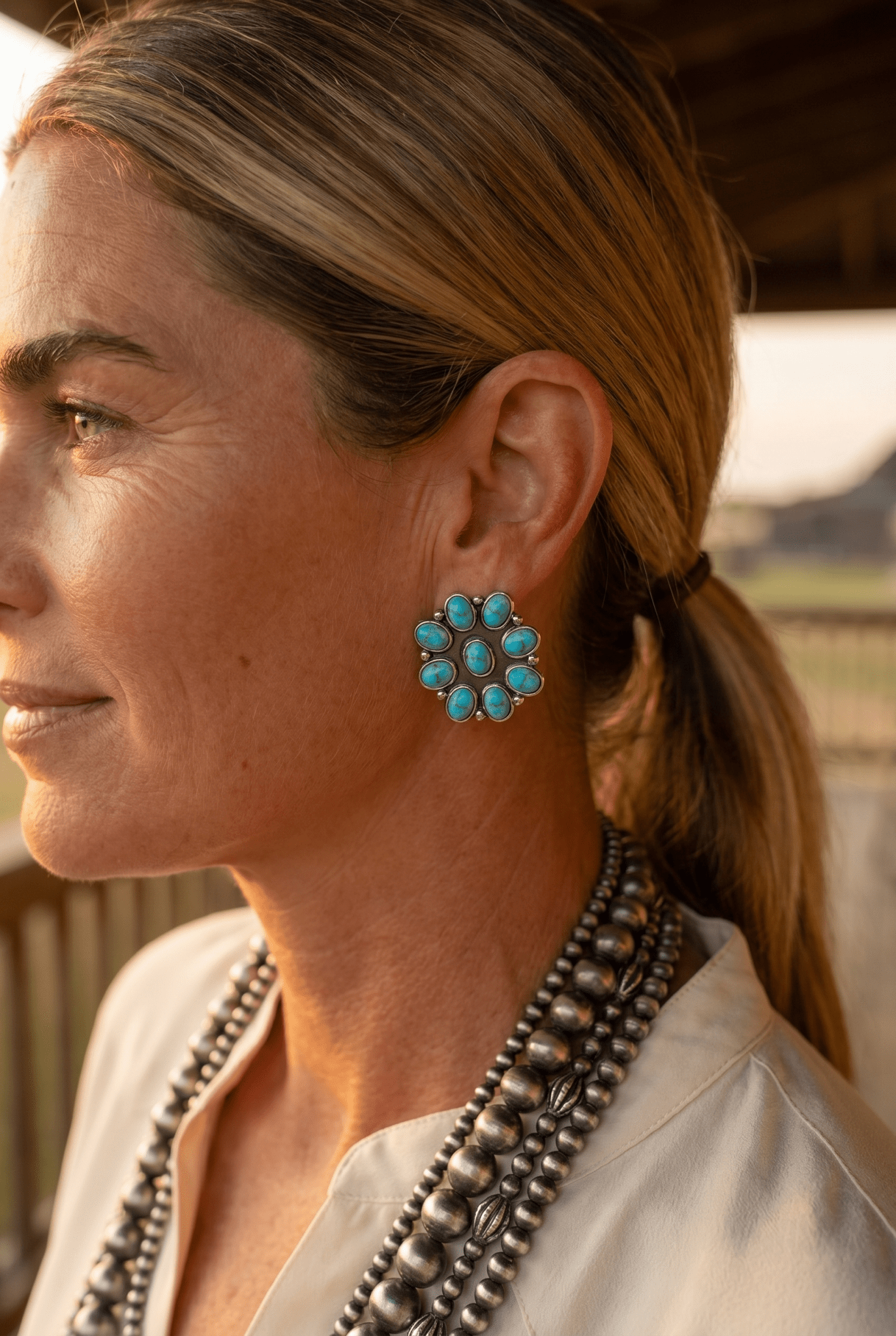 Western Faux Turquoise Cluster Earrings — Oxidized Silver 1" Statement - Rooted & Reckless Co.