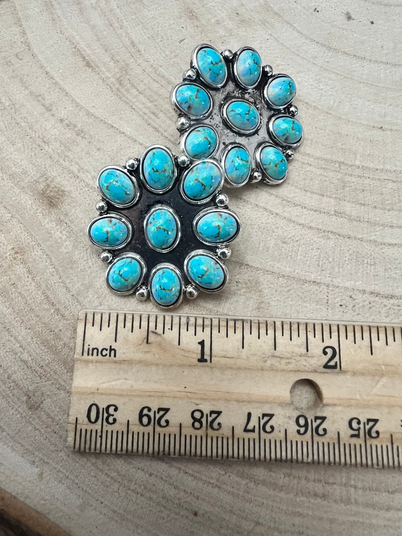 Western Faux Turquoise Cluster Earrings — Oxidized Silver 1" Statement - Rooted & Reckless Co.