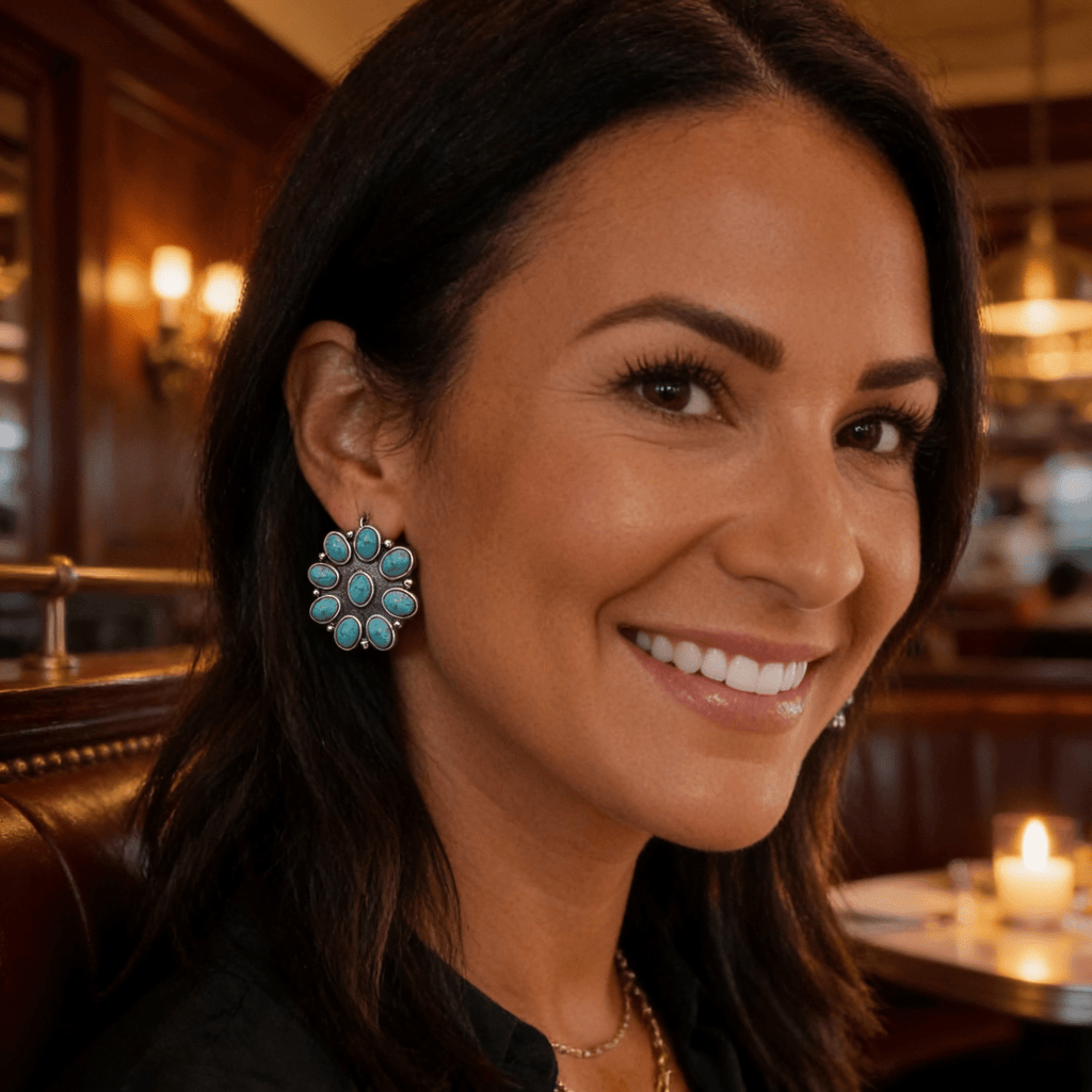 Western Faux Turquoise Cluster Earrings — Oxidized Silver 1" Statement - Rooted & Reckless Co.