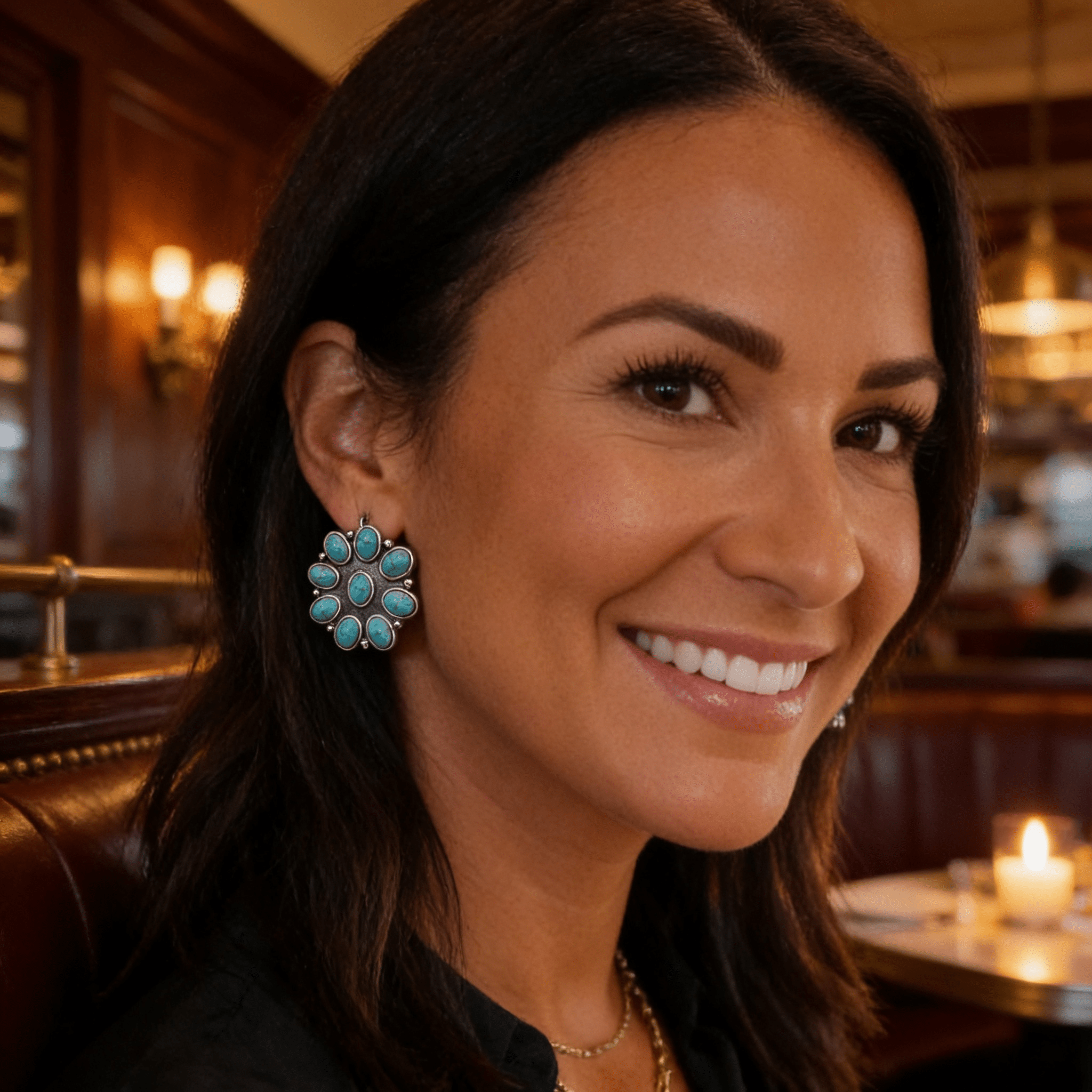 Western Faux Turquoise Cluster Earrings — Oxidized Silver 1" Statement - Rooted & Reckless Co.