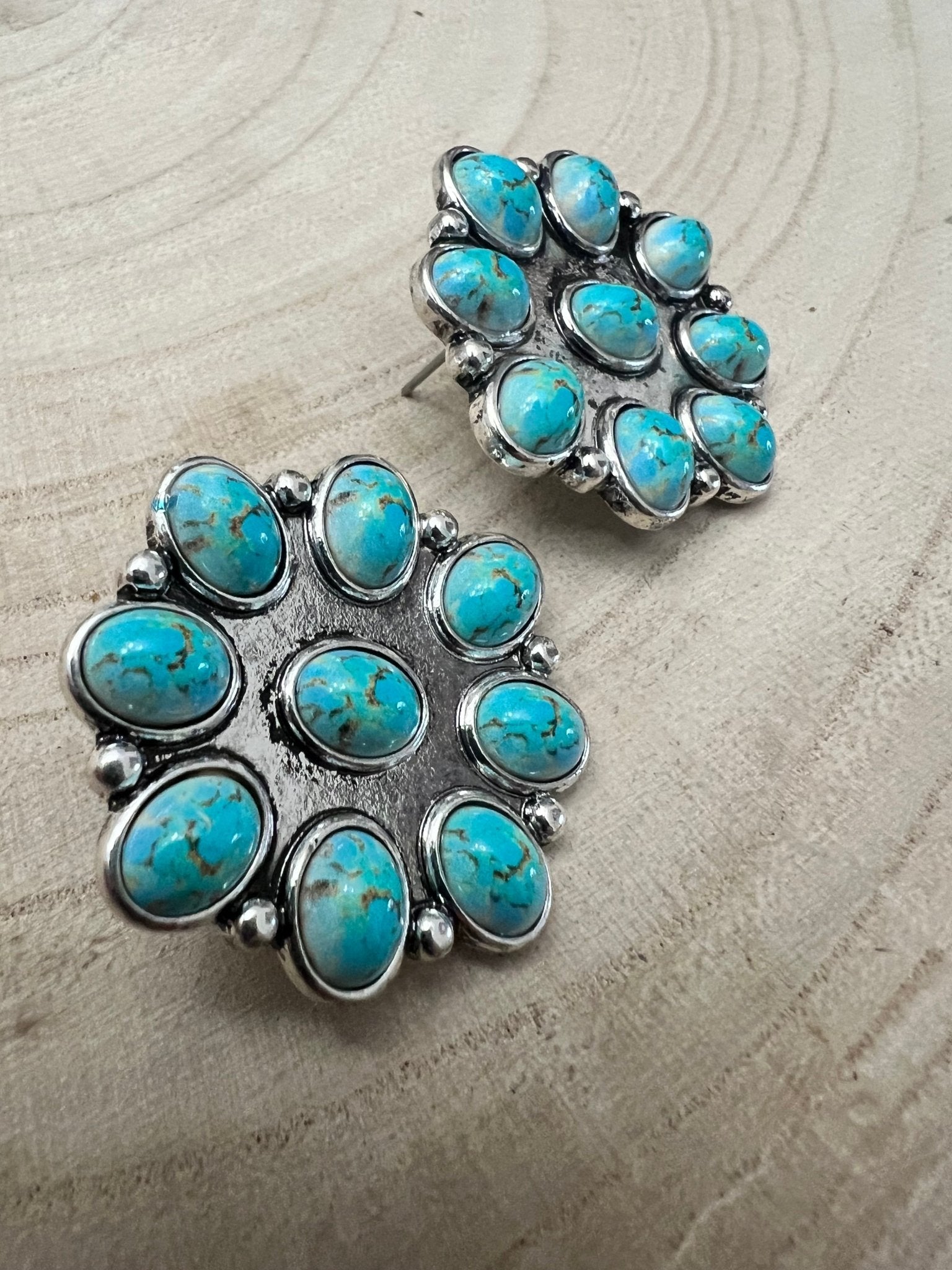 Western Faux Turquoise Cluster Earrings — Oxidized Silver 1" Statement - Rooted & Reckless Co.