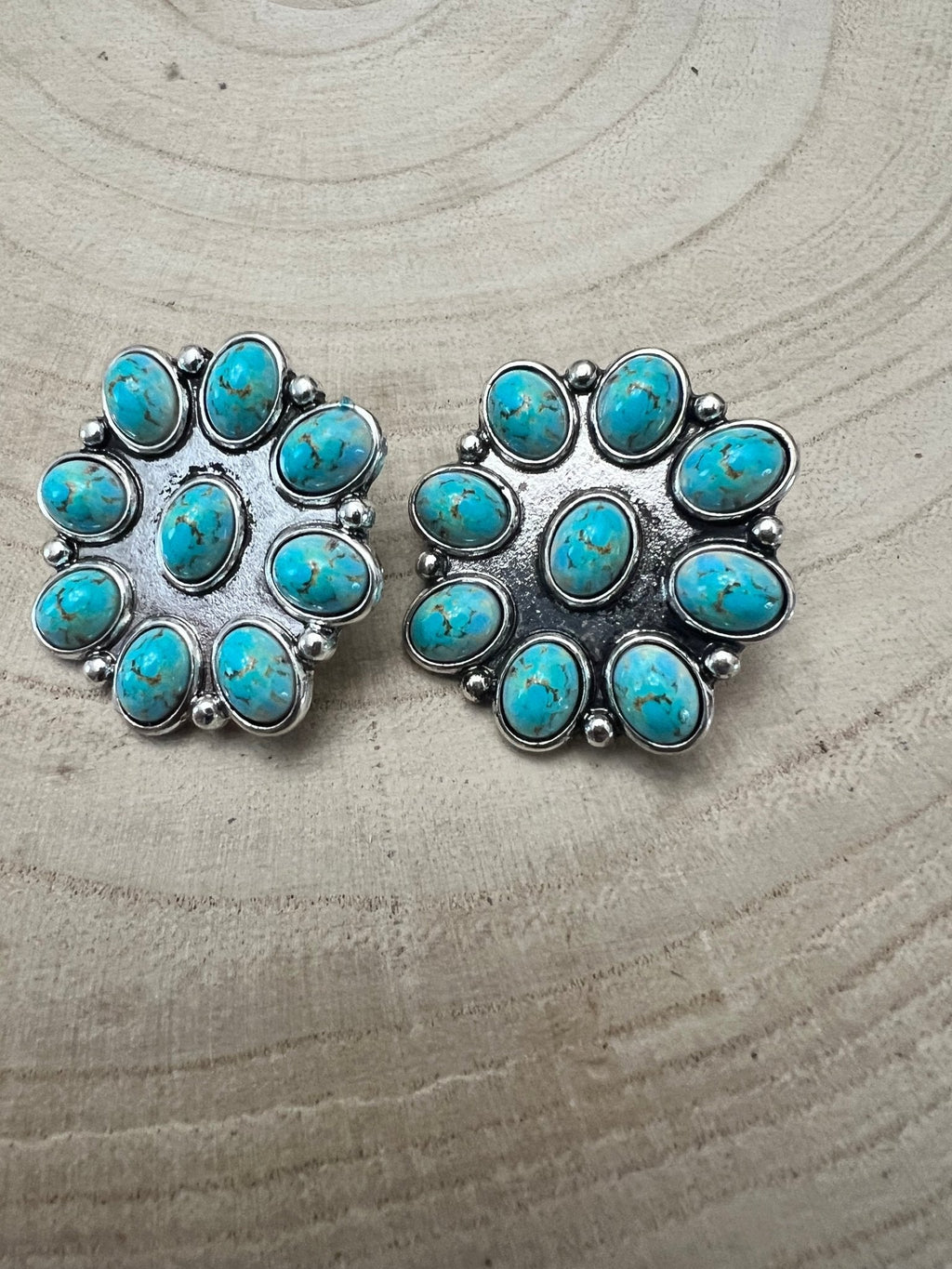 Western Faux Turquoise Cluster Earrings — Oxidized Silver 1" Statement - Rooted & Reckless Co.