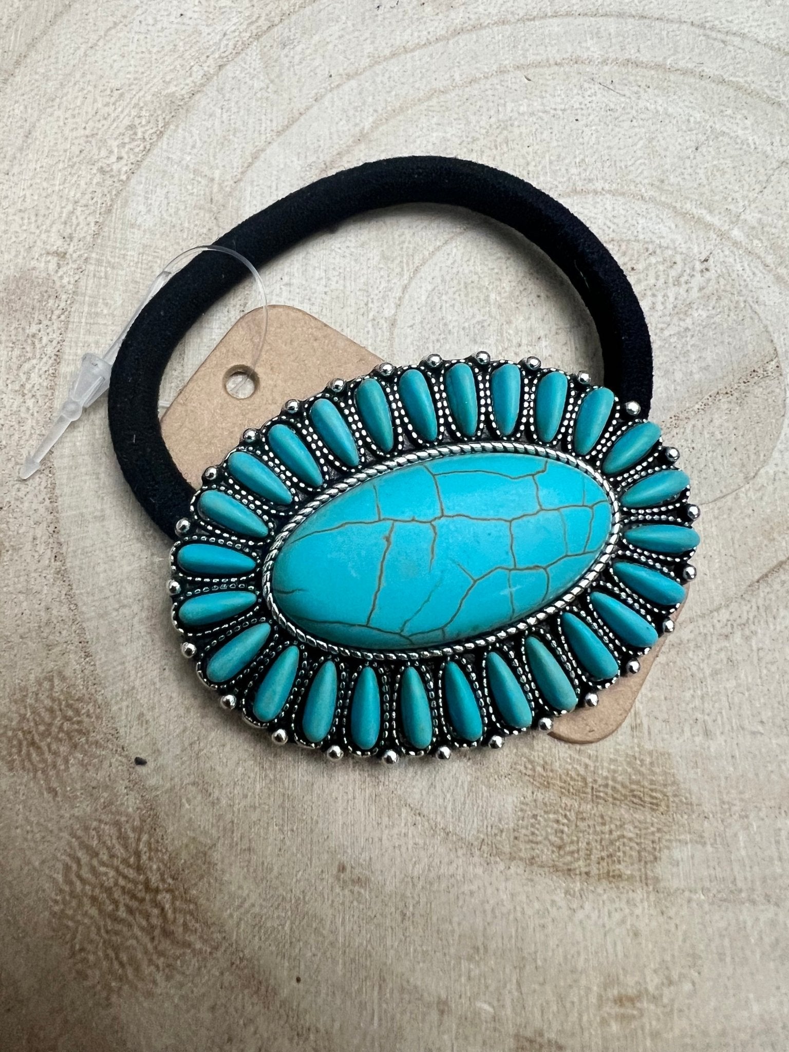 Western Faux Turquoise Cluster Hair Tie — 2.5" Southwestern Hair Statement - Rooted & Reckless Co.