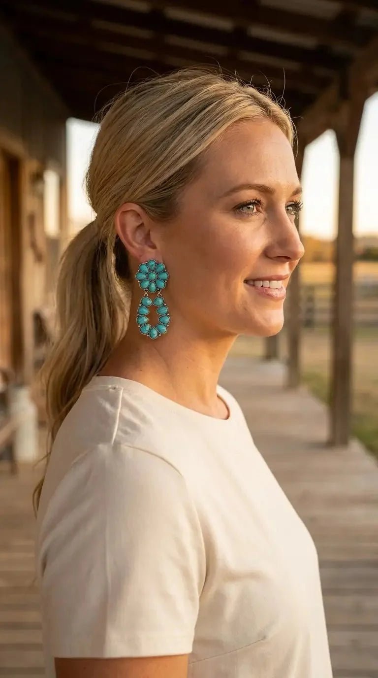 Western Faux Turquoise Cluster Post Earrings — Statement 2¼" Drop - Rooted & Reckless Co.