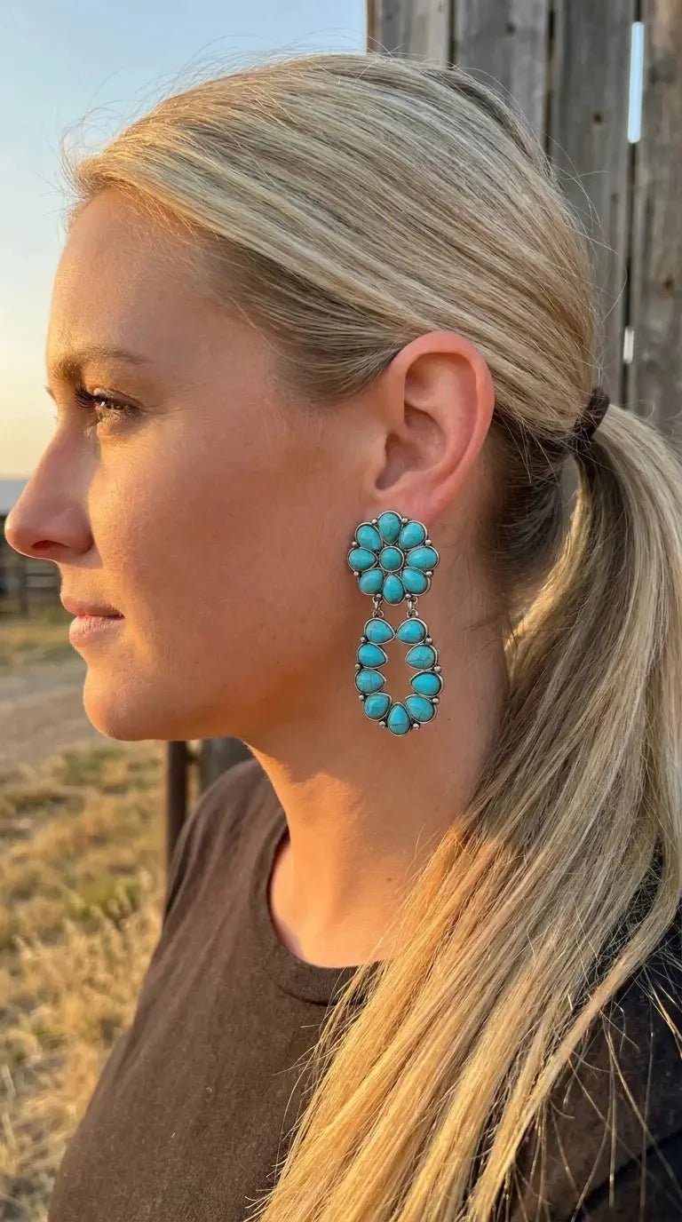 Western Faux Turquoise Cluster Post Earrings — Statement 2¼" Drop - Rooted & Reckless Co.