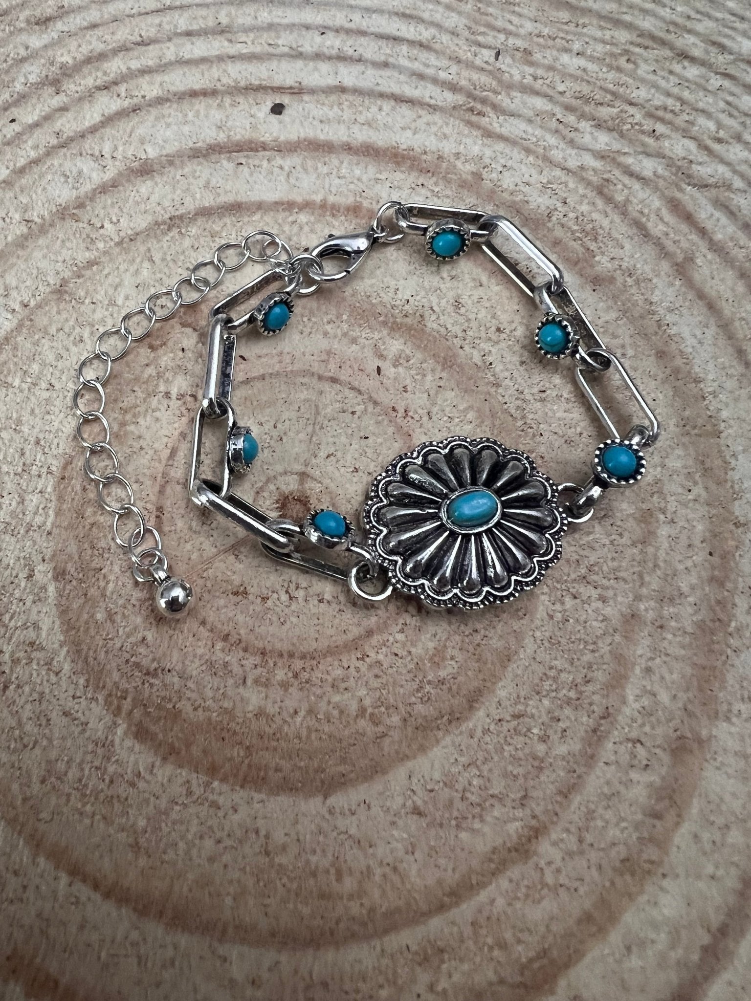 Western Faux Turquoise Concho Chain Bracelet — with 3-Inch Extender - Rooted & Reckless Co.