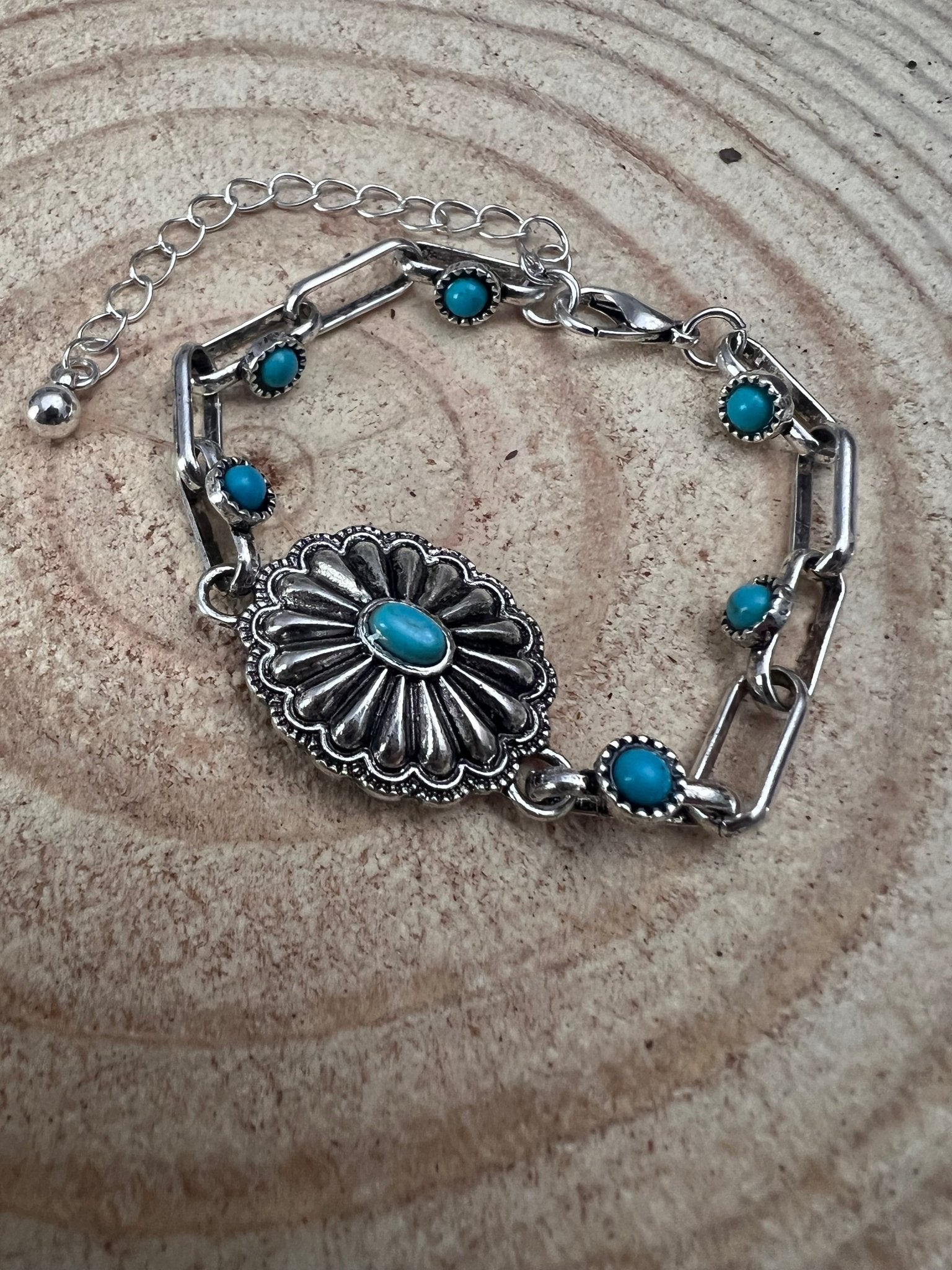 Western Faux Turquoise Concho Chain Bracelet — with 3-Inch Extender - Rooted & Reckless Co.