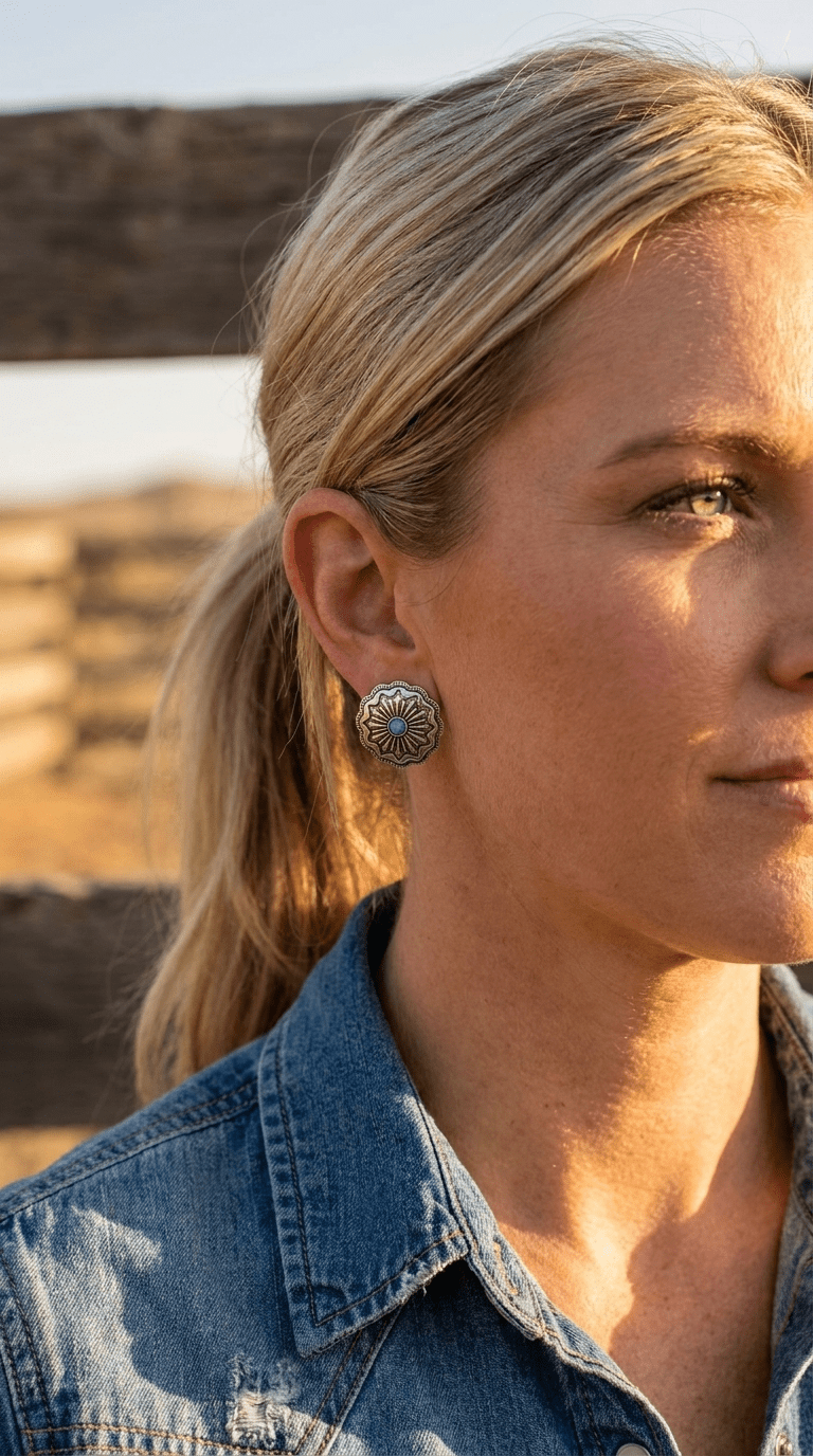 Western Faux Turquoise Concho Post Earrings — Petite 3/4" Drop - Rooted & Reckless Co.