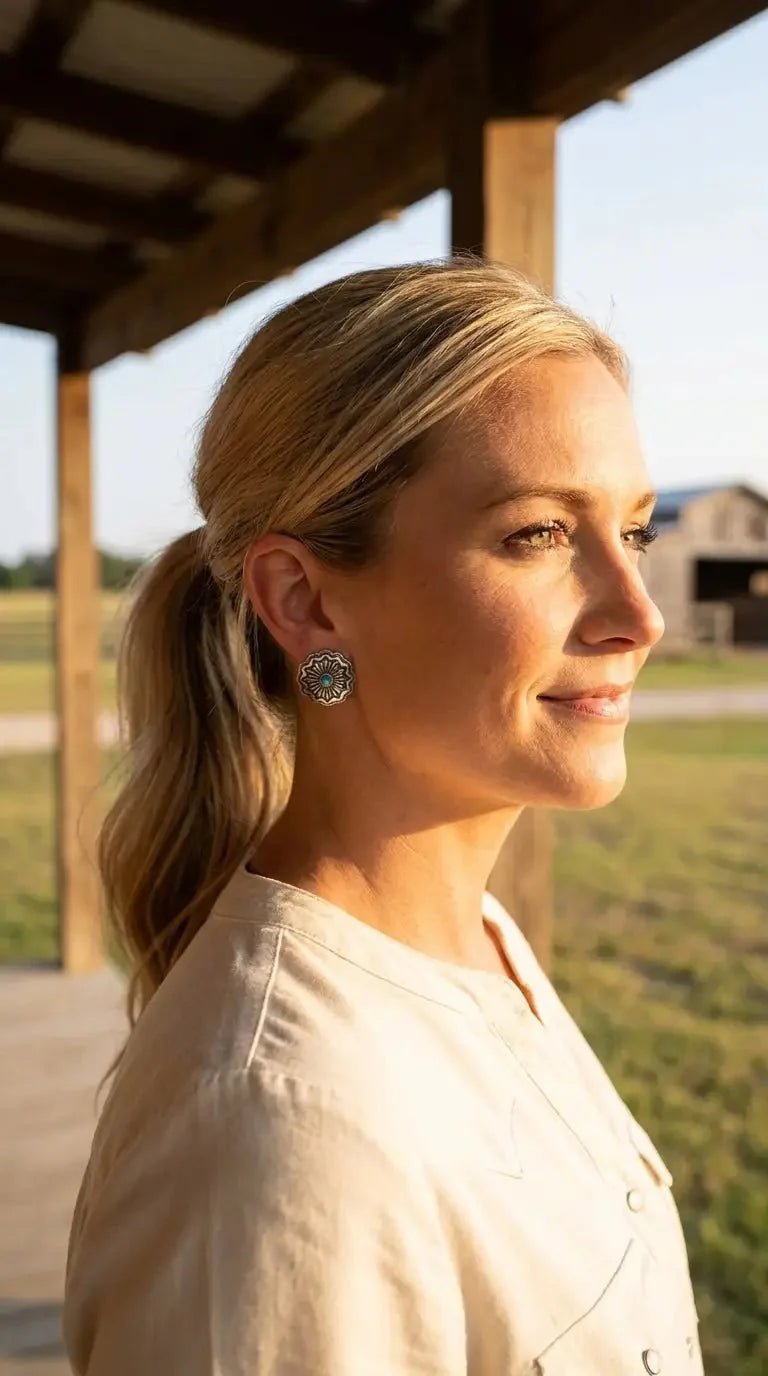 Western Faux Turquoise Concho Post Earrings — Petite 3/4" Drop - Rooted & Reckless Co.