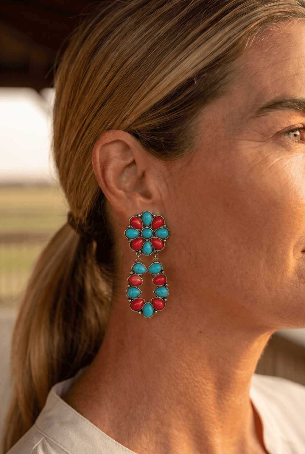 Western Faux Turquoise & Coral Cluster Post Earrings — Southwestern Statement - Rooted & Reckless Co.