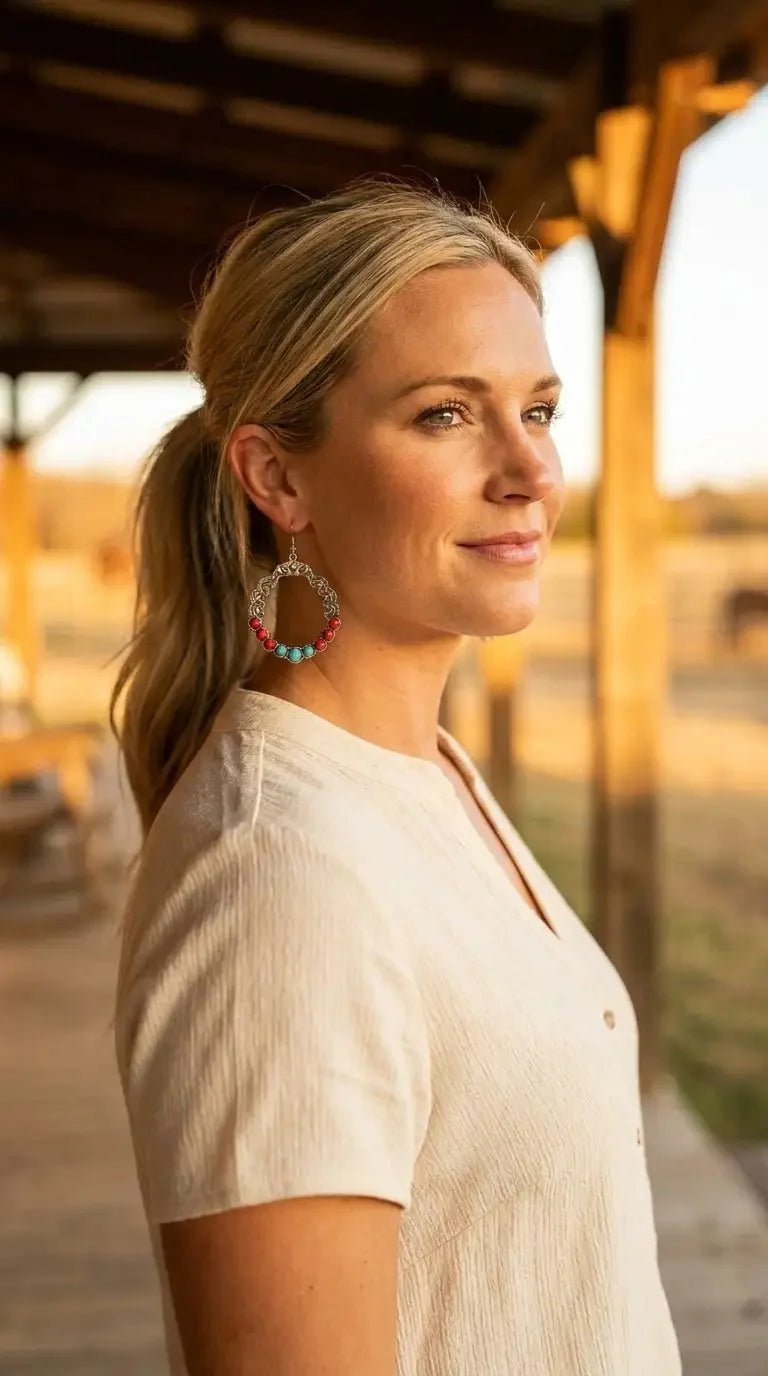 Western Faux Turquoise & Coral Hoop Earrings — 1¾" Drop Southwestern Style - Rooted & Reckless Co.
