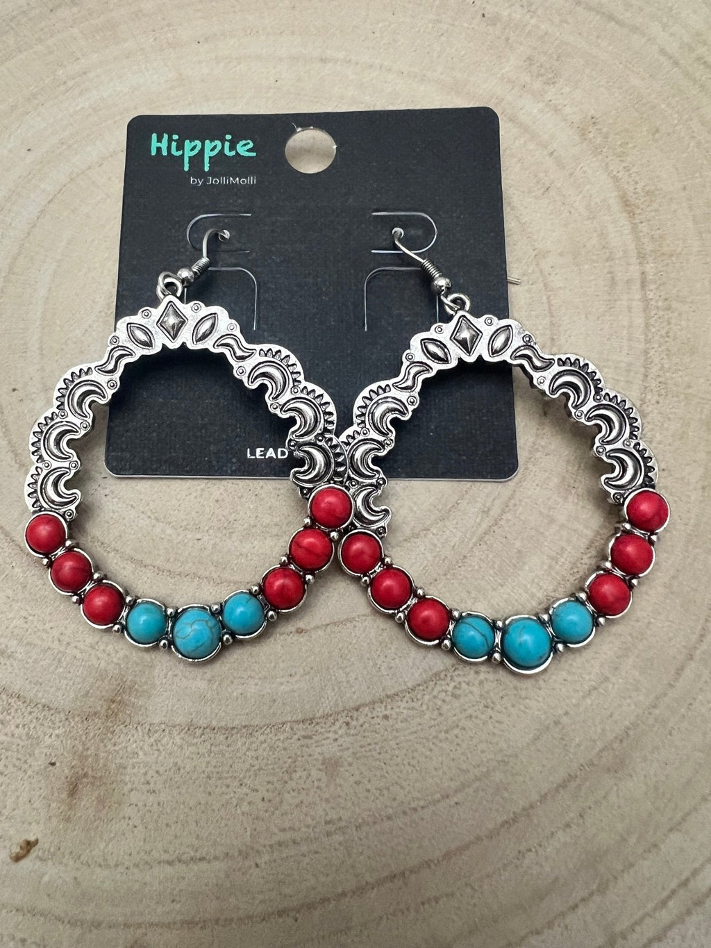 Western Faux Turquoise & Coral Hoop Earrings — 1¾" Drop Southwestern Style - Rooted & Reckless Co.