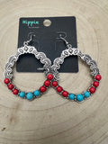 Western Faux Turquoise & Coral Hoop Earrings — 1¾" Drop Southwestern Style - Rooted & Reckless Co.