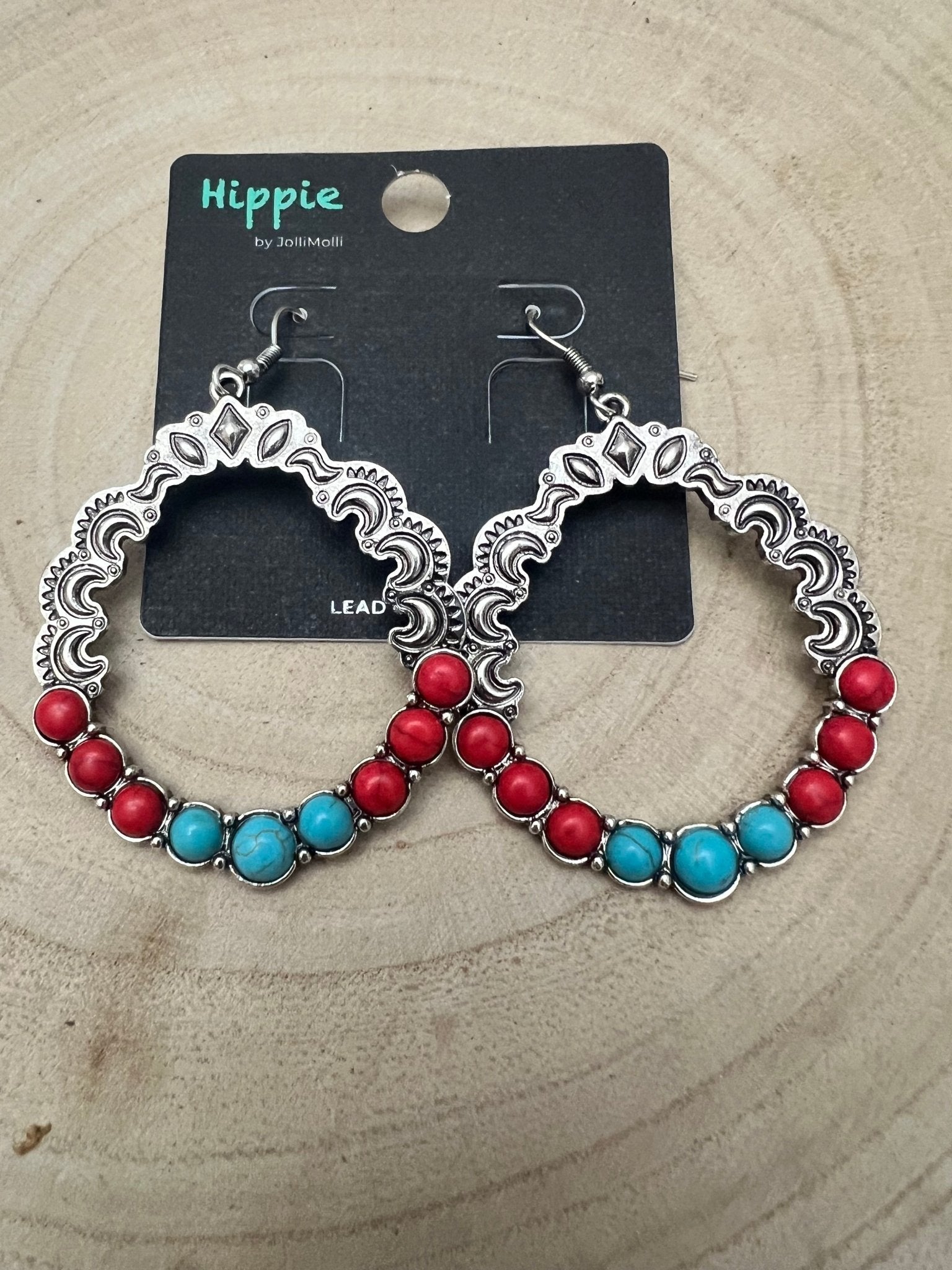 Western Faux Turquoise & Coral Hoop Earrings — 1¾" Drop Southwestern Style - Rooted & Reckless Co.