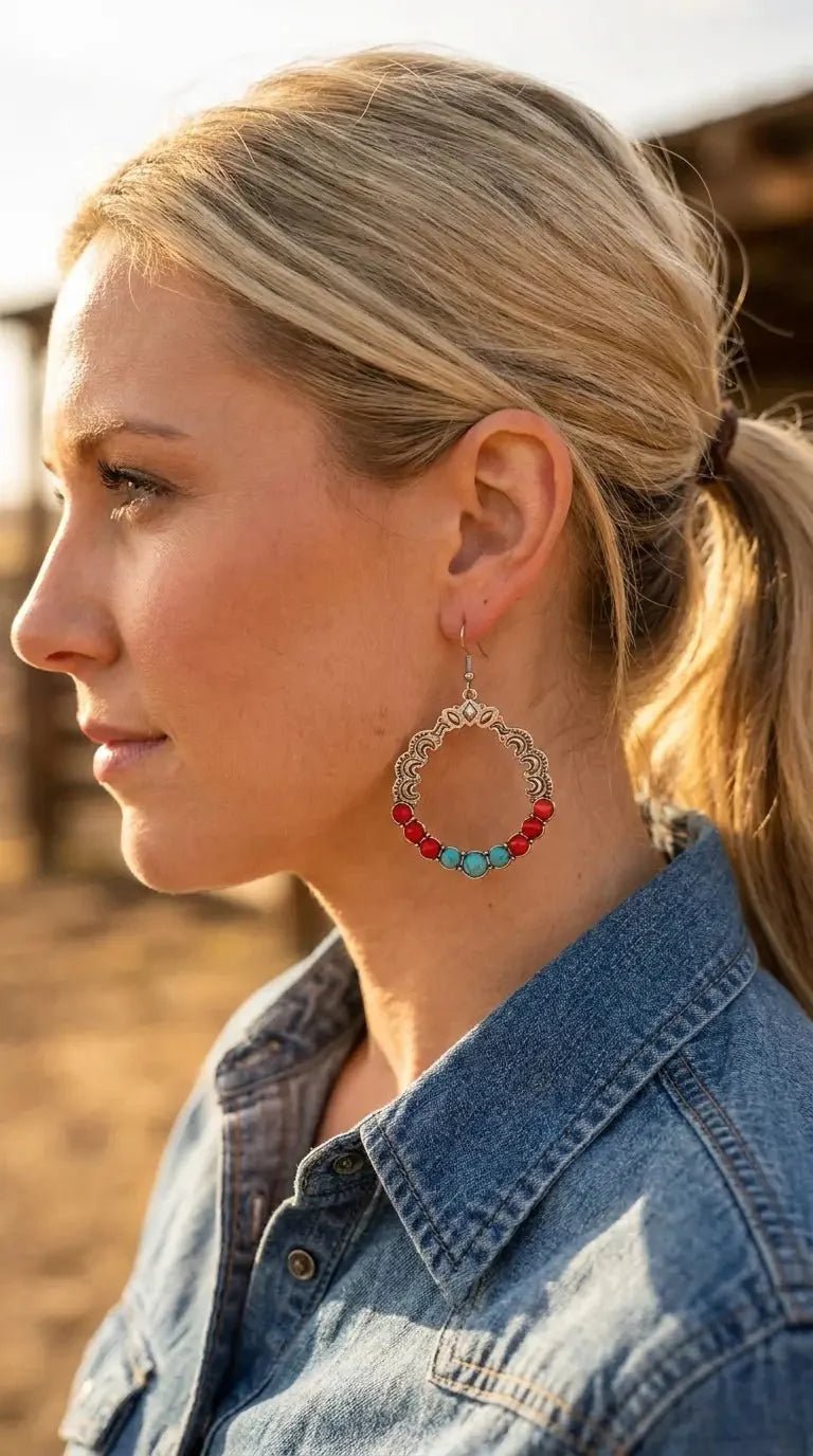 Western Faux Turquoise & Coral Hoop Earrings — 1¾" Drop Southwestern Style - Rooted & Reckless Co.