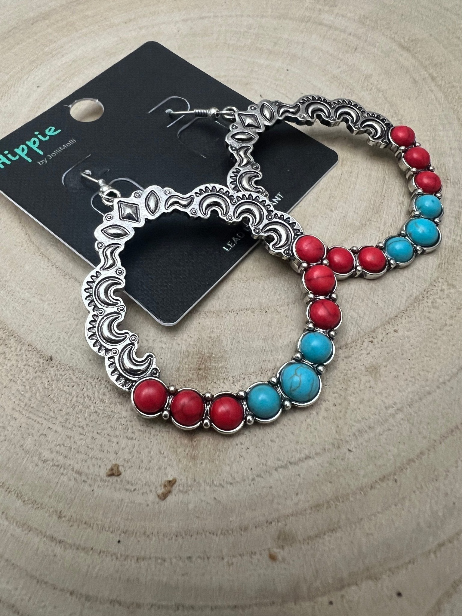 Western Faux Turquoise & Coral Hoop Earrings — 1¾" Drop Southwestern Style - Rooted & Reckless Co.