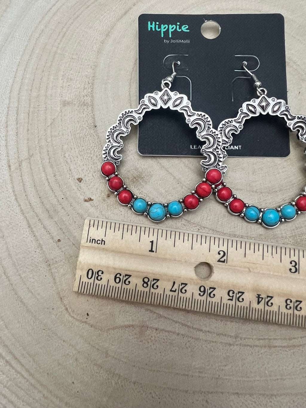 Western Faux Turquoise & Coral Hoop Earrings — 1¾" Drop Southwestern Style - Rooted & Reckless Co.