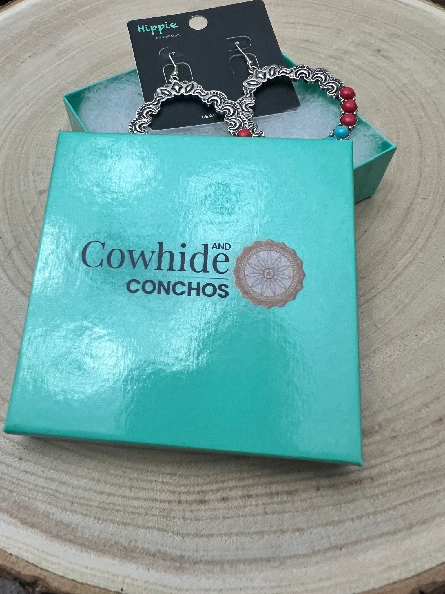 Western Faux Turquoise & Coral Hoop Earrings — 1¾" Drop Southwestern Style - Rooted & Reckless Co.