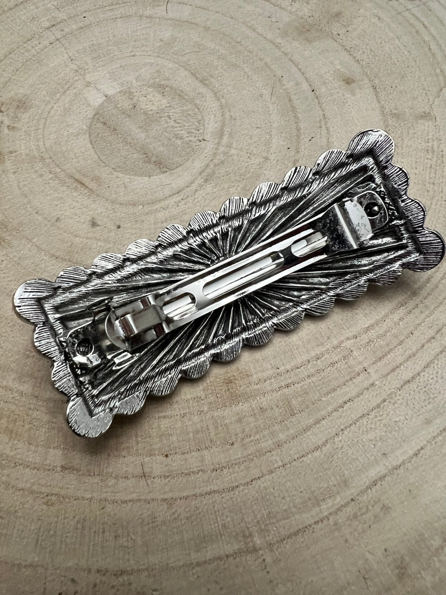 Western Faux Turquoise Etched Silver Hair Barrette — 3" Old West Hair Statement - Rooted & Reckless Co.
