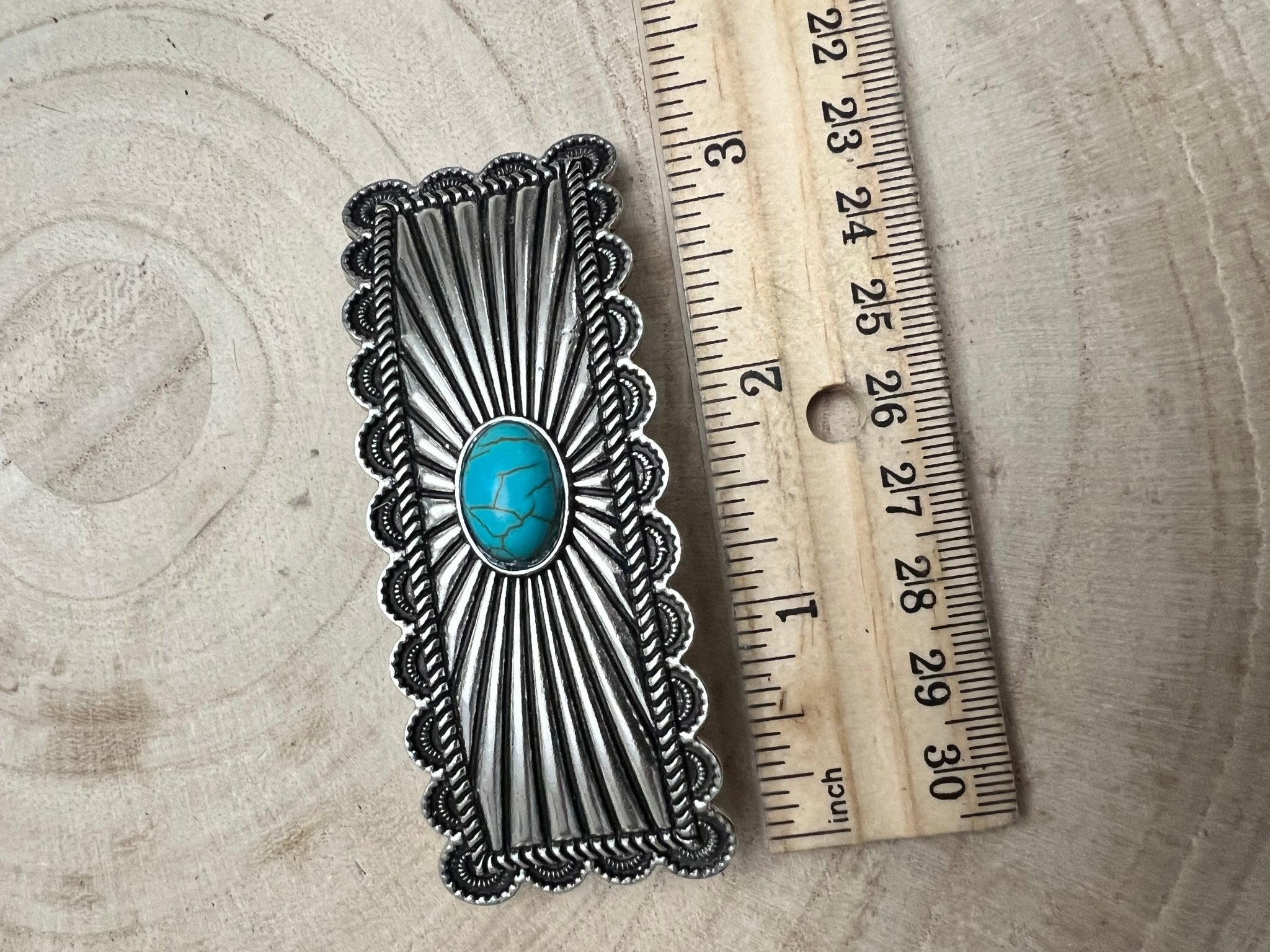 Western Faux Turquoise Etched Silver Hair Barrette — 3" Old West Hair Statement - Rooted & Reckless Co.