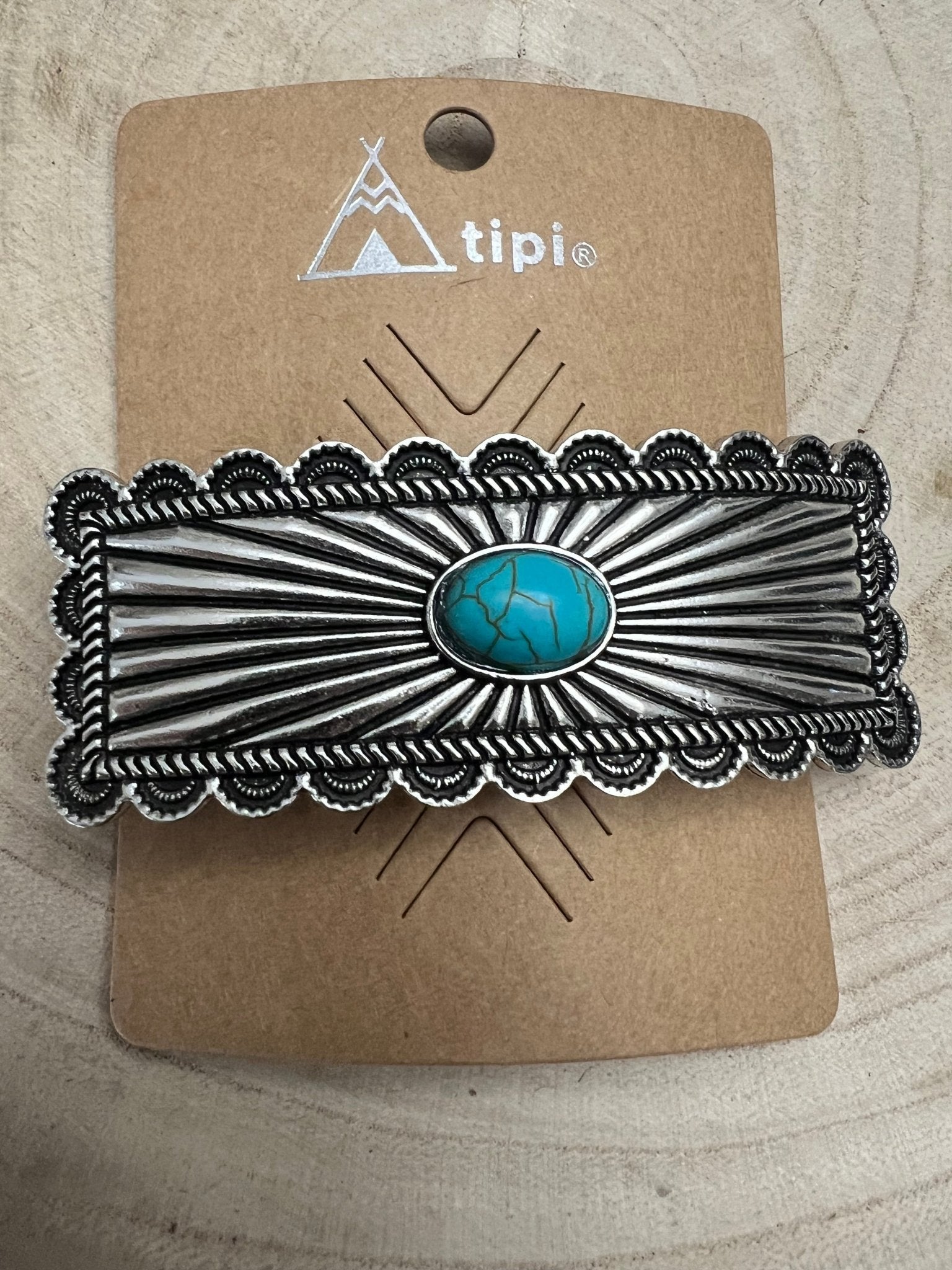 Western Faux Turquoise Etched Silver Hair Barrette — 3" Old West Hair Statement - Rooted & Reckless Co.