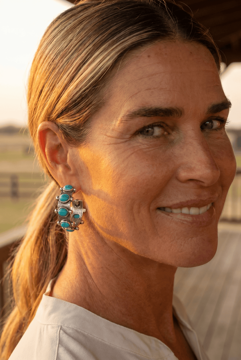 Western Faux Turquoise Small Hoop Earrings — Oxidized Silver 1½" Drop - Rooted & Reckless Co.