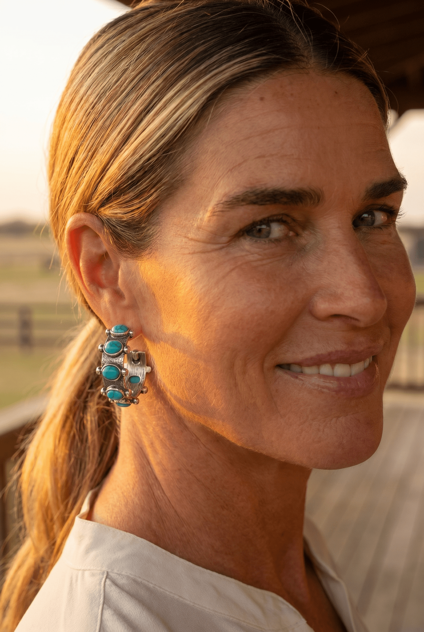 Western Faux Turquoise Small Hoop Earrings — Oxidized Silver 1½" Drop - Rooted & Reckless Co.