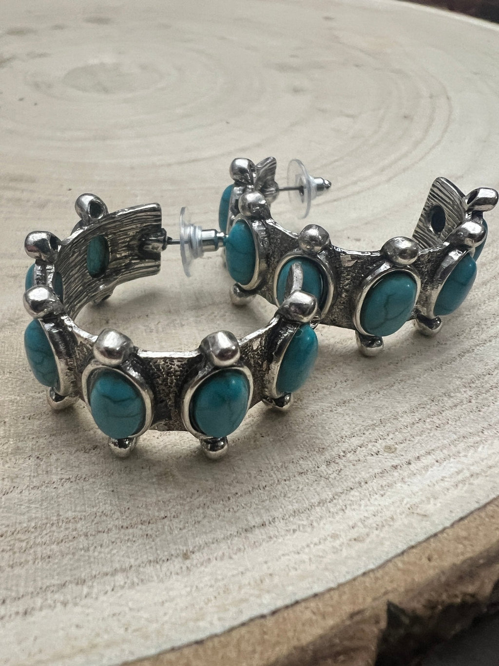 Western Faux Turquoise Small Hoop Earrings — Oxidized Silver 1½" Drop - Rooted & Reckless Co.