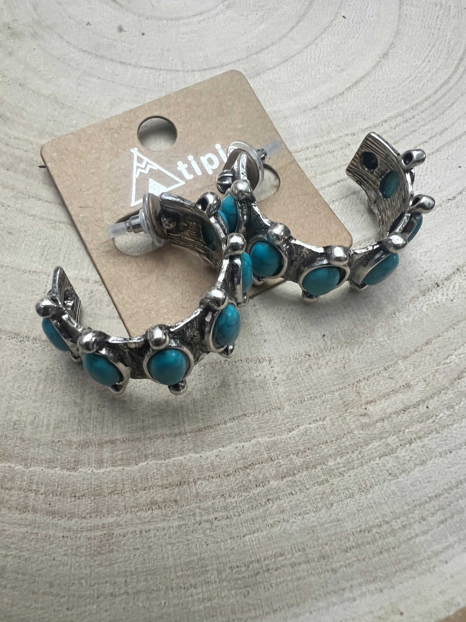 Western Faux Turquoise Small Hoop Earrings — Oxidized Silver 1½" Drop - Rooted & Reckless Co.