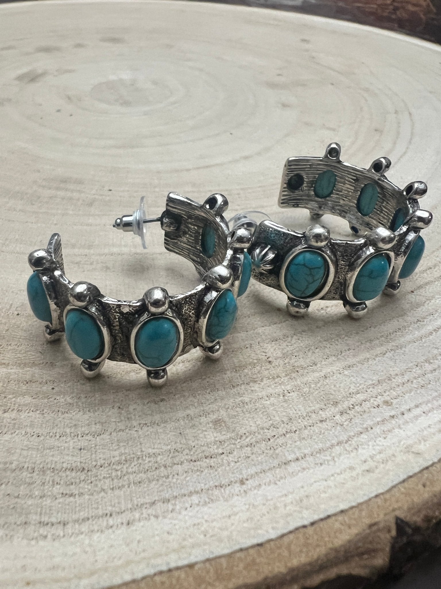 Western Faux Turquoise Small Hoop Earrings — Oxidized Silver 1½" Drop - Rooted & Reckless Co.