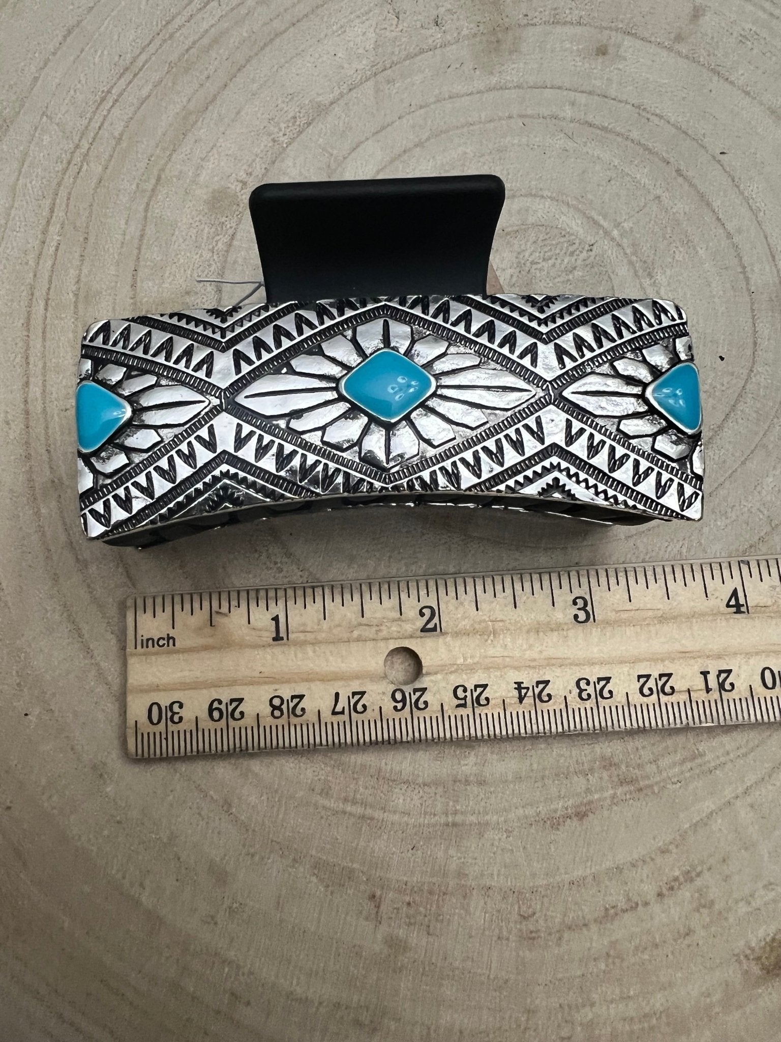 Western Faux Turquoise & Stamped Silver Hair Claw Clip — 3.5" Old West Statement - Rooted & Reckless Co.