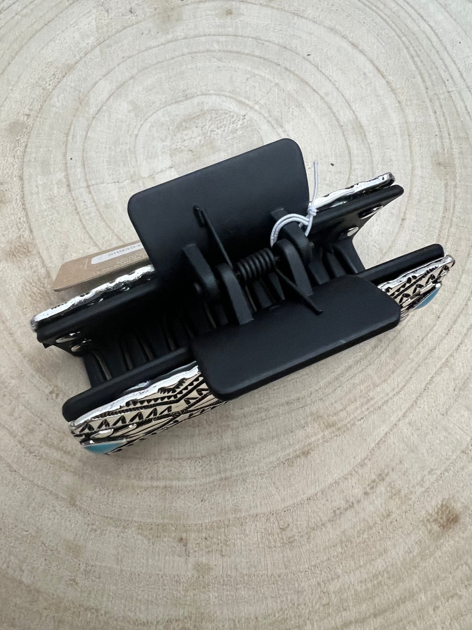 Western Faux Turquoise & Stamped Silver Hair Claw Clip — 3.5" Old West Statement - Rooted & Reckless Co.