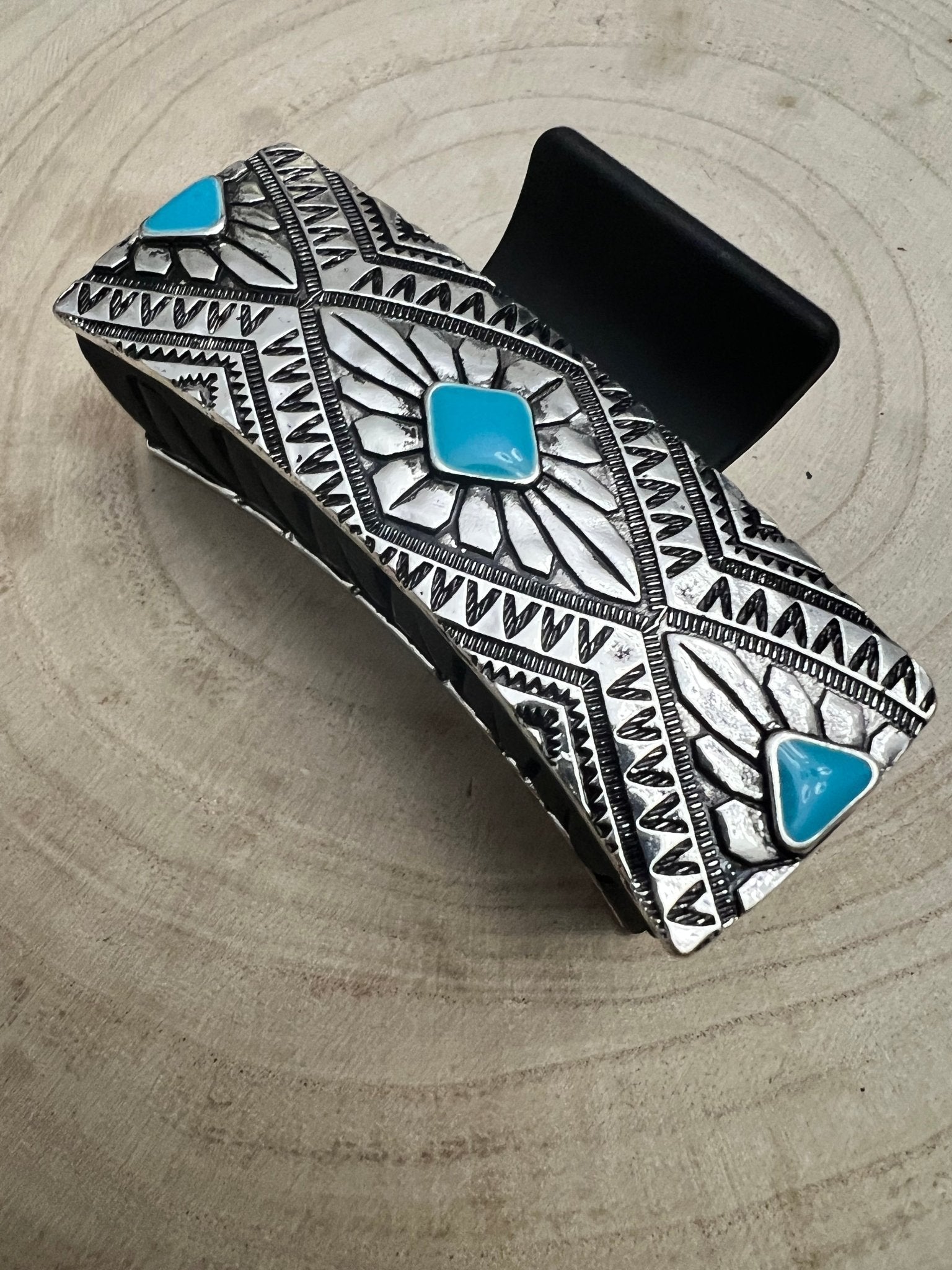Western Faux Turquoise & Stamped Silver Hair Claw Clip — 3.5" Old West Statement - Rooted & Reckless Co.
