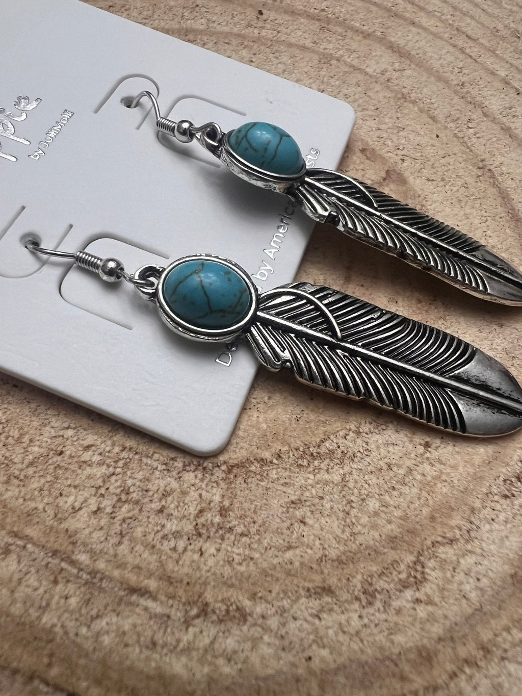 Western Feather Earrings with Faux Turquoise — 2" Drop - Rooted & Reckless Co.