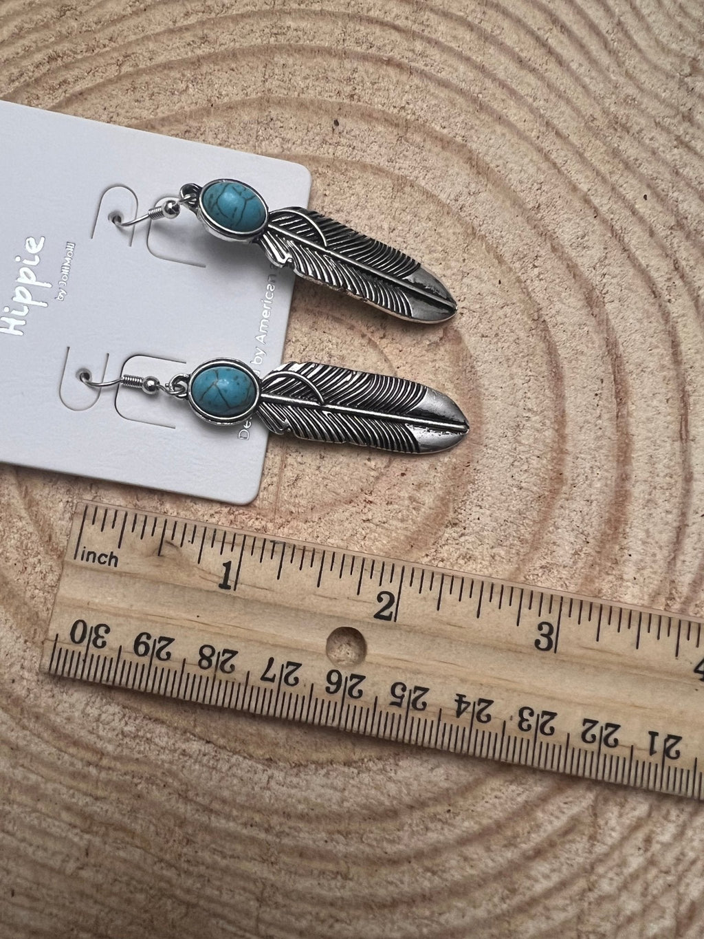 Western Feather Earrings with Faux Turquoise — 2" Drop - Rooted & Reckless Co.