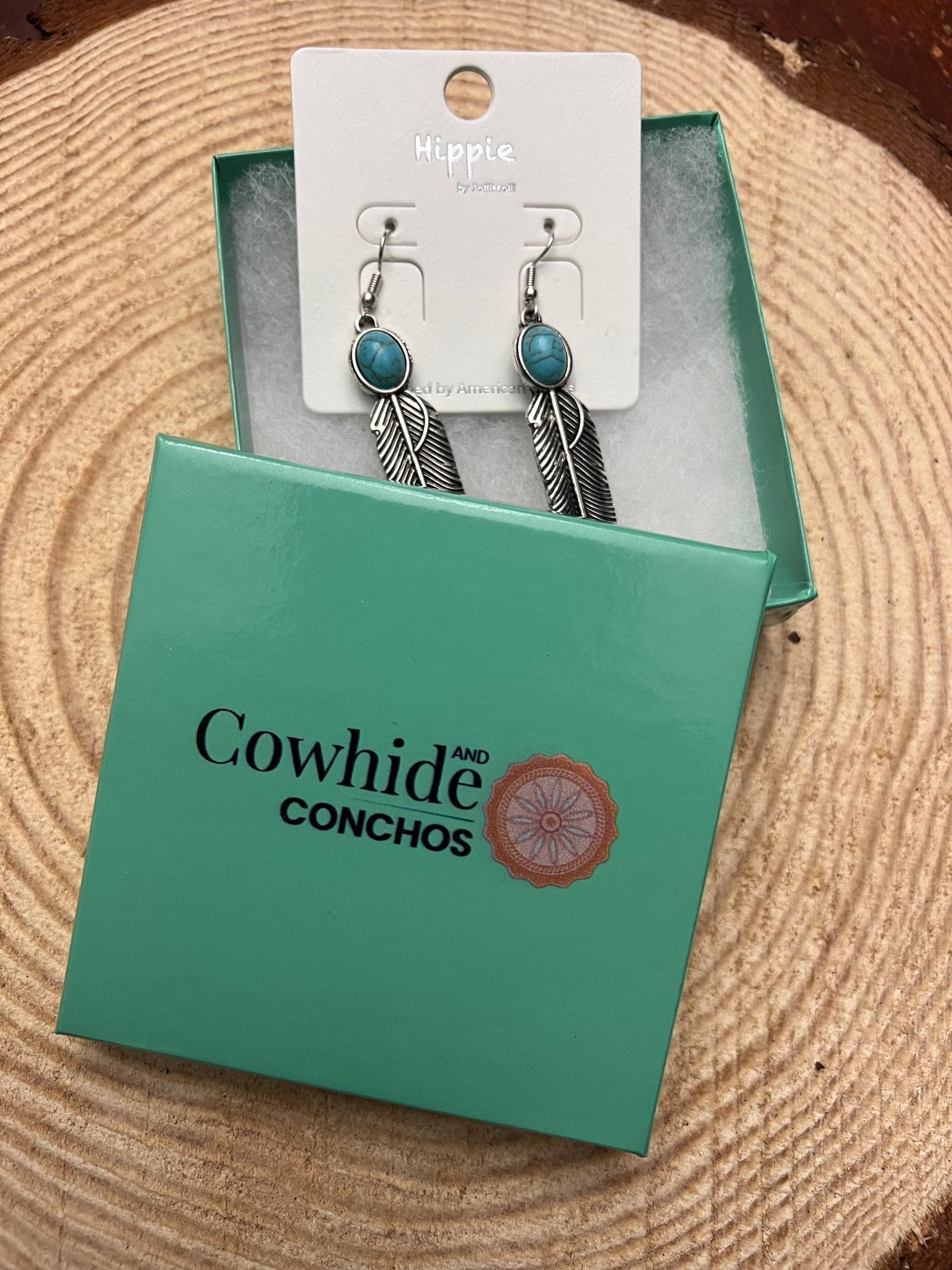 Western Feather Earrings with Faux Turquoise — 2" Drop - Rooted & Reckless Co.
